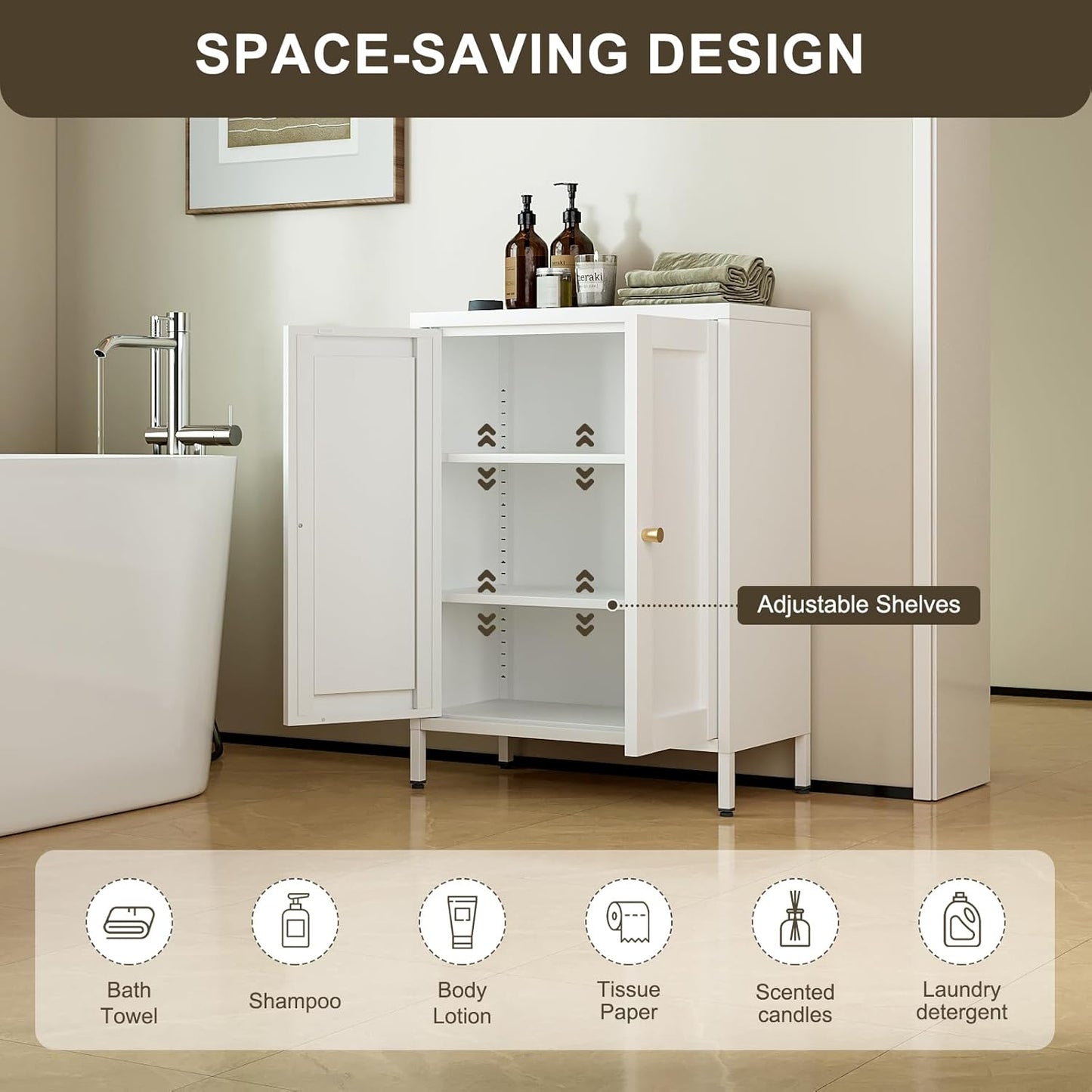 Metal Bathroom Floor Storage Cabinet,Small Storage Sideboard with 2 Doors and 2 Adjustable Shelves,Modern Storage Freestanding Organizer Rust-Proof Locker,Living Room,Hallway,White