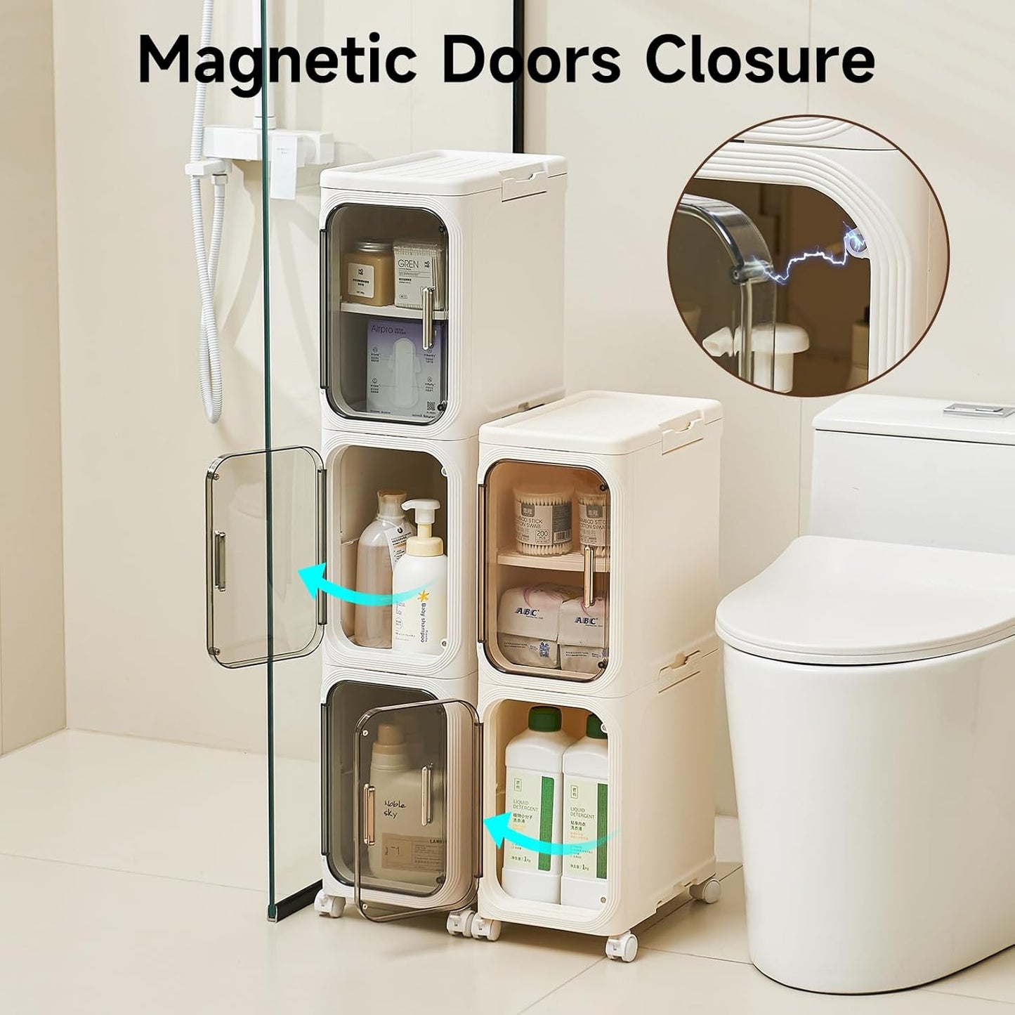 4-Tier Narrow Storage Cabinet with Magnetic Doors and Shelves, Plastic Slim Bathroom Organizers and Storage with Wheels for Small Spaces Bathroom, Kitchen, Laundry Room, White