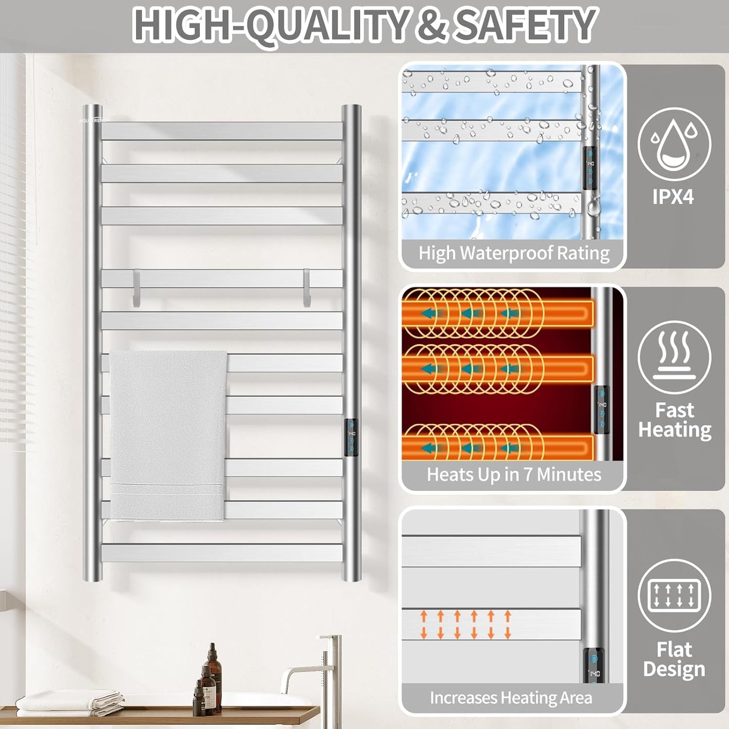 Heated Towel Rack for Bathroom, Towel Warmer with 10 Bar Flat Rack Large, Electric Hot Towel Rack Wall Mounted, LED Buit-in Timer, Plug-in, Stainless Steel, Fast Heating, Nickel