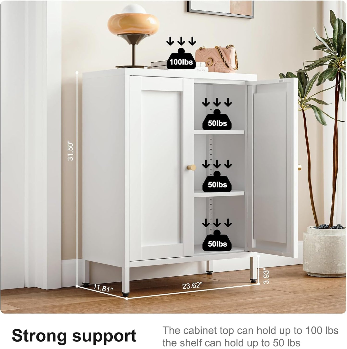 Metal Bathroom Floor Storage Cabinet,Small Storage Sideboard with 2 Doors and 2 Adjustable Shelves,Modern Storage Freestanding Organizer Rust-Proof Locker,Living Room,Hallway,White