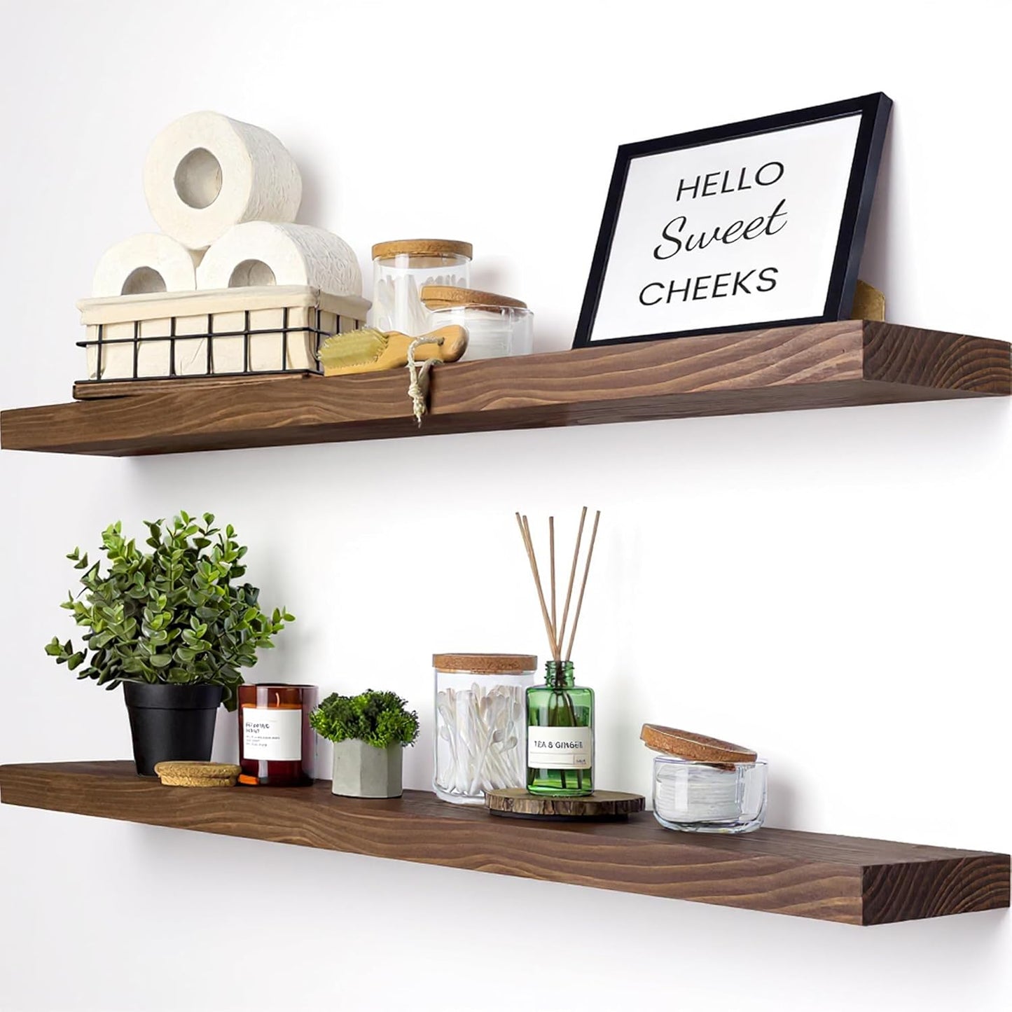 BAOBAB WORKSHOP Wood Floating Shelves Set of 2 - Rustic Shelf 24 inch - Floating Shelf for Wall Mounted - Wide Wooden Wall Shelves for Living Room Bedroom Kitchen Bathroom - Dark Walnut - 24W x 6.7D