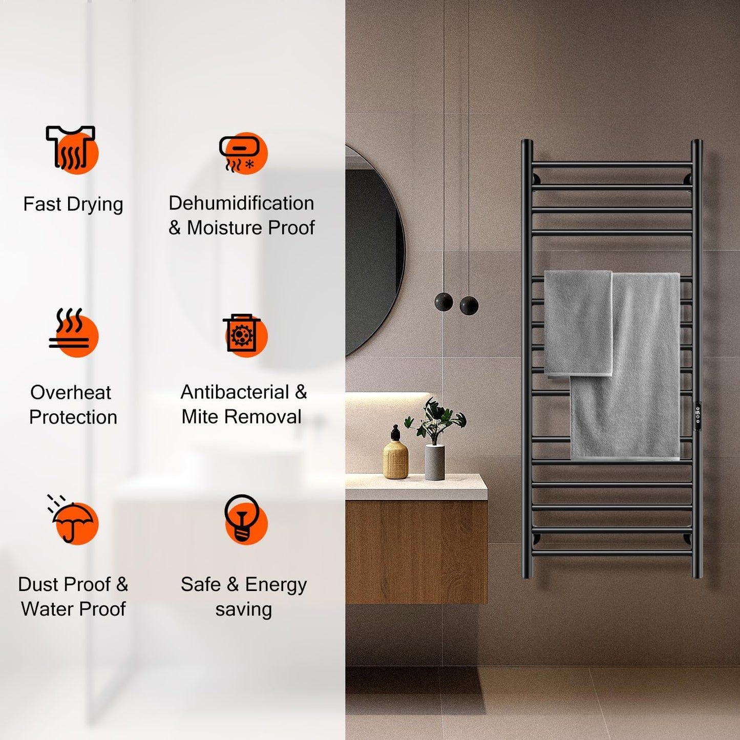 Towel Warmer, Towel Heater Rack for Bathroom,16 Bars Electric Towel Dryer Wall-Mounted Plug-in Bath Heater, Stainless Steel Hot Towel Rack with Timer and Smart Temperature Control- Black