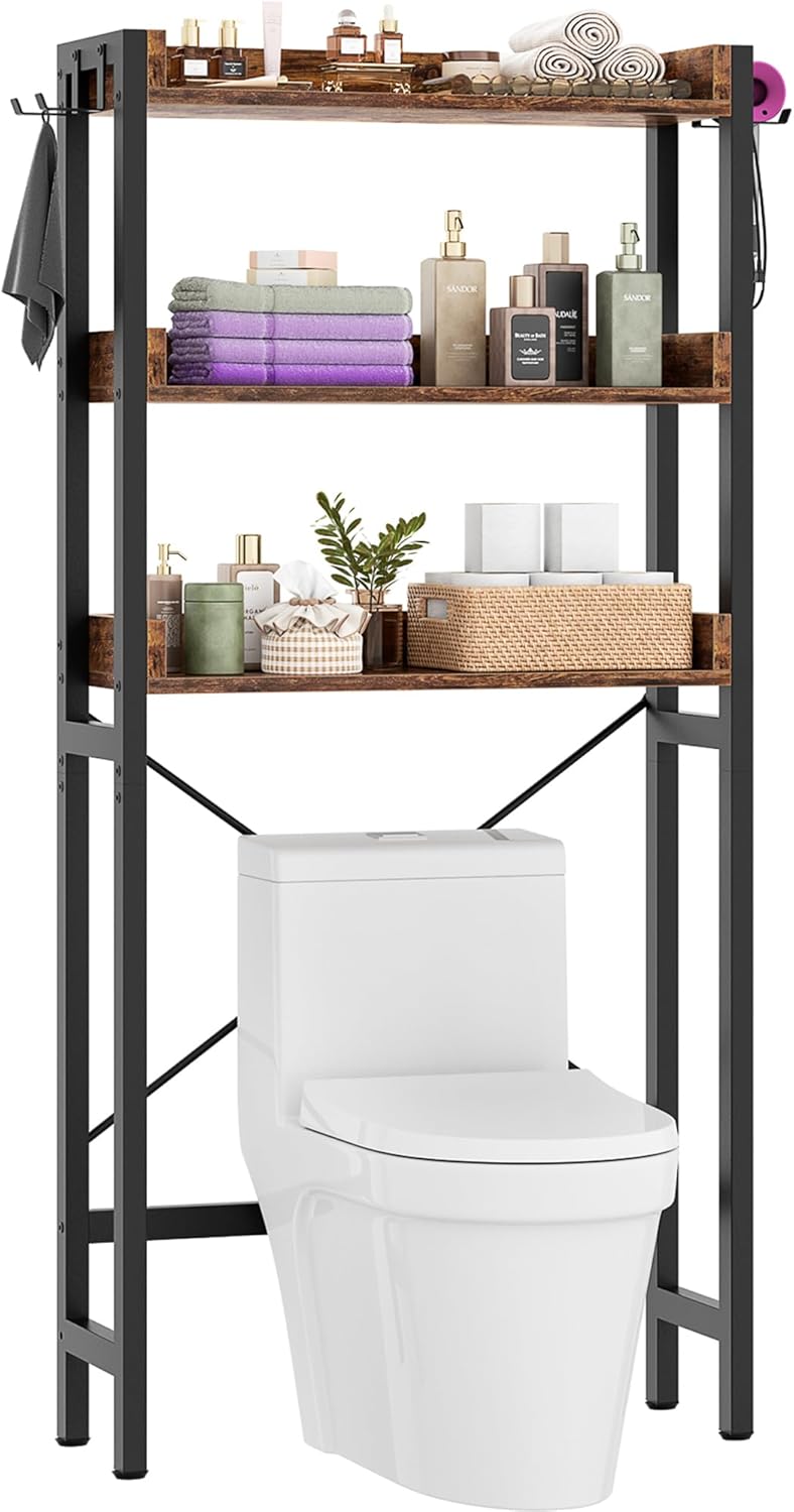 Over The Toilet Storage with 2 Drawers - 7 Tier Bathroom Organizer with Adjustable Shelf, Freestanding Space Saver Storage Rack Above Toilet Stand with 4 Hooks for Restroom, Laundry, Rustic Brown