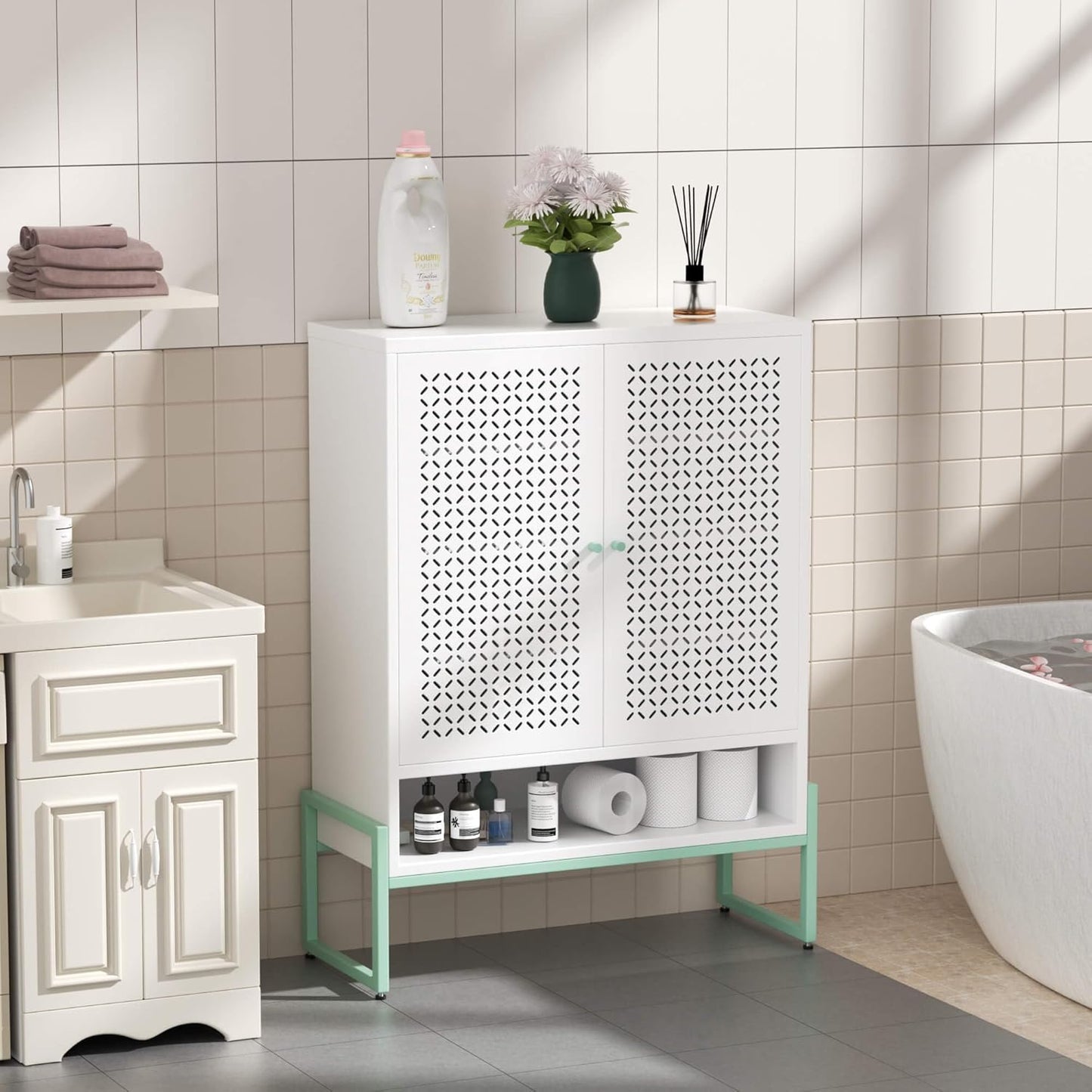 Small Bathroom Storage Cabinet with Doors and Adjustable Shelves, 42.51" H Metal Floor Cabinet for Bathroom, Laundry Room, and More - Rustproof & Waterproof