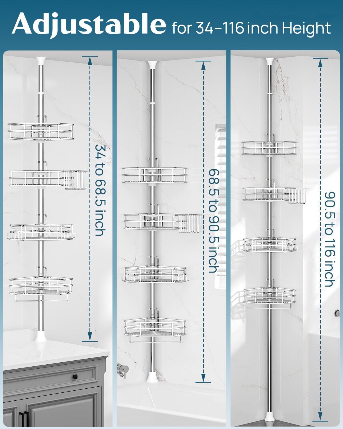 SEIRIONE Corner Shower Caddy Tension Pole, Quick Setup, Rust-Free Bathroom Shower Organizer Corner for Bathtub Shampoo Storage, 4-Tier Adjustable Shelf, Drill Free, Fits 34 to 116 Inch Height, Silver