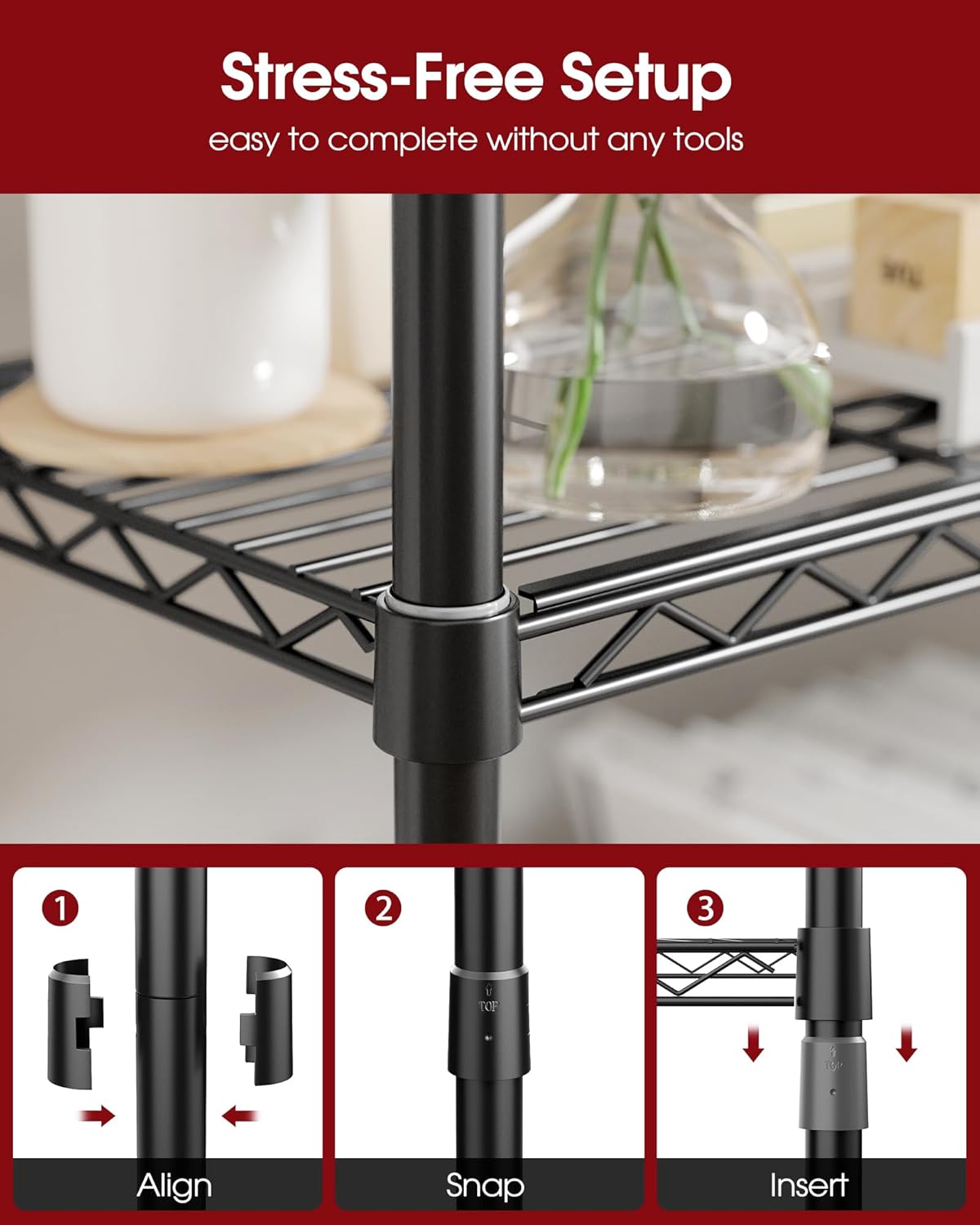 Storage Shelves - 5-Tier Width Expandable Shelf Organizer with Leveling Feet, Rust-Proof & Waterproof Wire Shelving Unit for Bedroom, Bathroom, Garage, 16.4"-27"×11.8"×60", Black