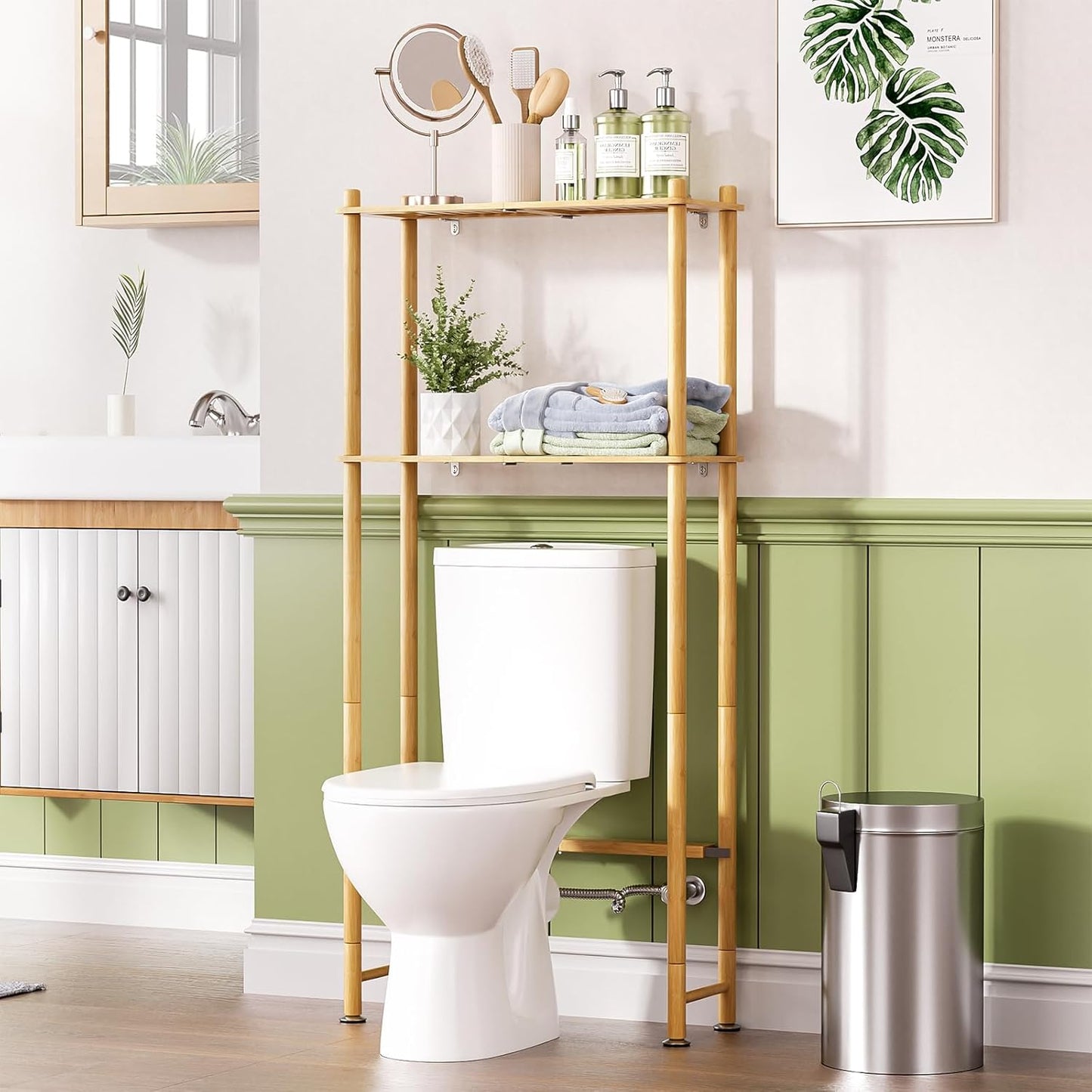 AmazerBath Over The Toilet Storage Shelf Bamboo, 3-Tier Over Toilet Organizer Rack, Freestanding Above Toilet Shelf for Bathroom, Laundry, Space Saver, Natural Color