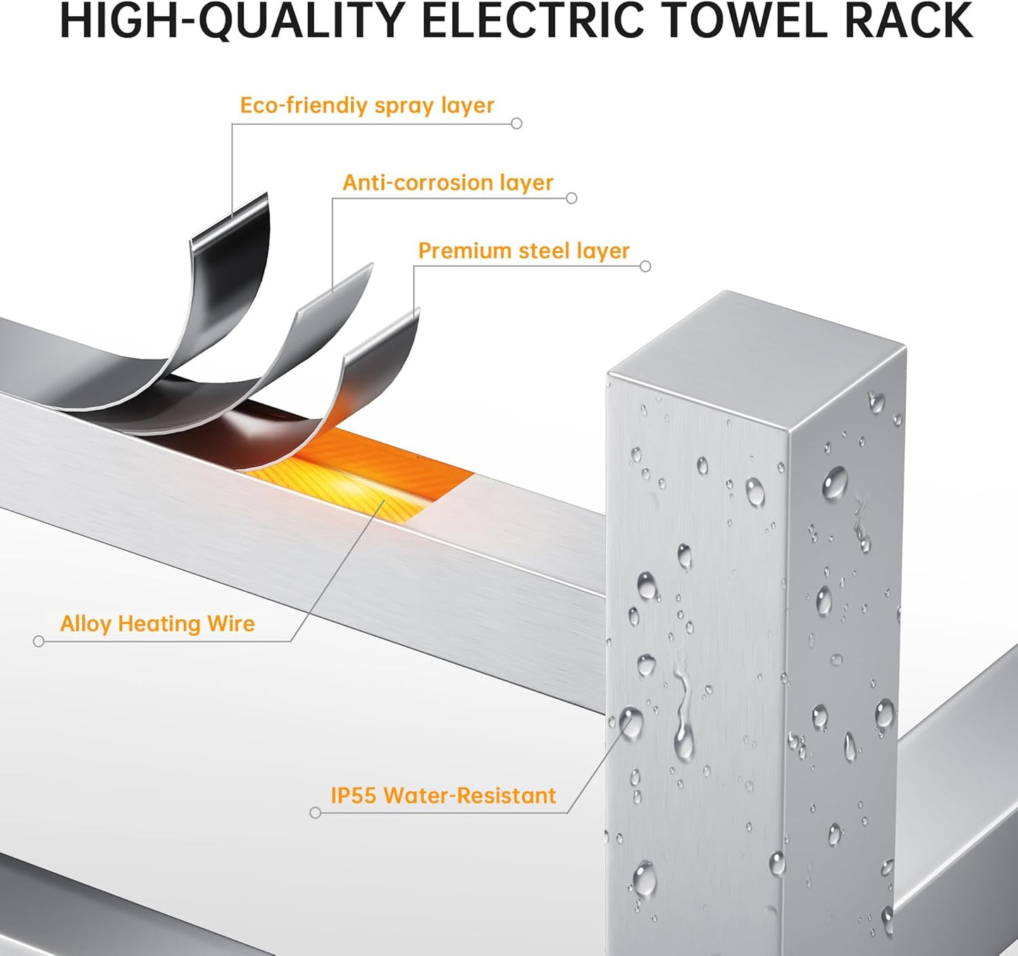 Towel Warmer Rack, Heated Towel Racks for Bathroom, Wall Mounted Towel Warmer, Stainless Steel 8-Bars Drying Rack with Intelligent Touch Screen Timer, Brushed Nickel