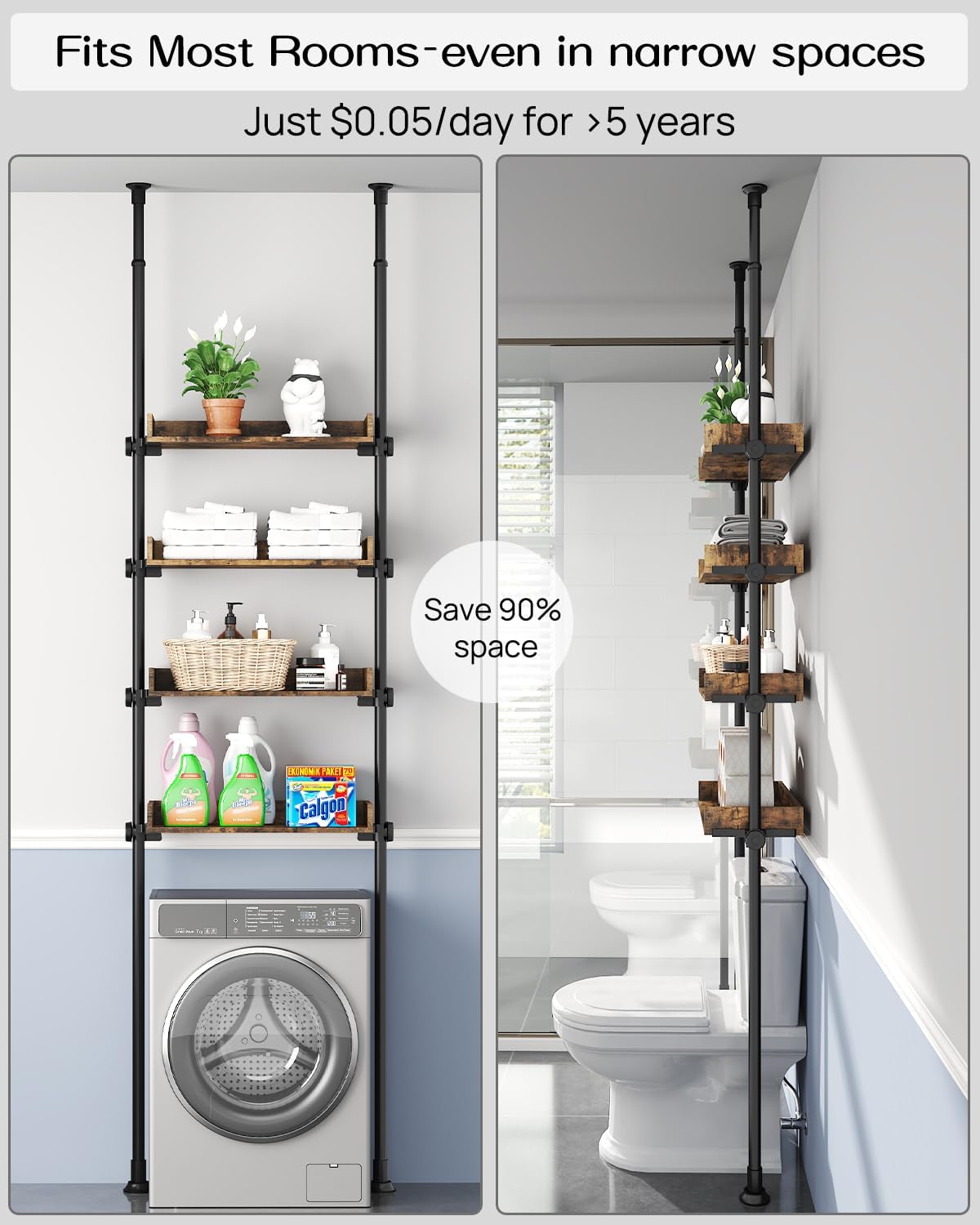 ALLZONE Bathroom Organizer, Over The Toilet Storage, 4-Tier Adjustable Wood Shelves for Small Rooms, Saver Space Rack, 92 to 116 Inch Tall, Narrow Cabinet, Rustic Brown