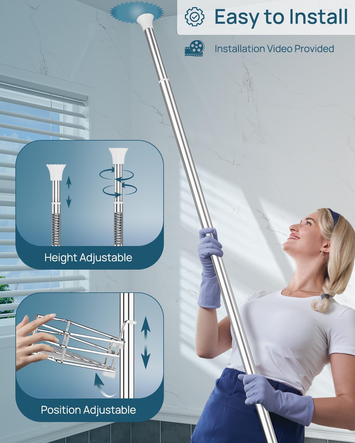 SEIRIONE Corner Shower Caddy Tension Pole, Quick Setup, Rust-Free Bathroom Shower Organizer Corner for Bathtub Shampoo Storage, 4-Tier Adjustable Shelf, Drill Free, Fits 34 to 116 Inch Height, Silver