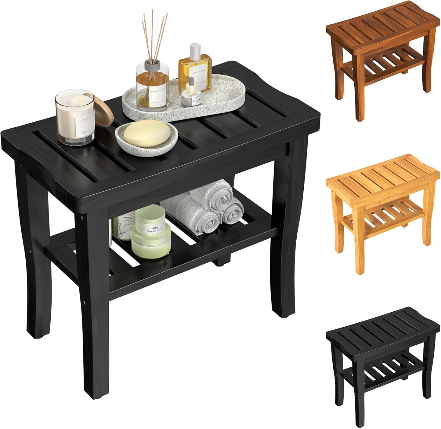 Teak Wood Shower Bench Stool with Storage Shelf, Wooden Waterproof Bathroom Spa Bathing Teak Shower Stool with Non-Slip Feet Gadget 2024 for Indoor or Outdoor Shower Chair Seat Organizer