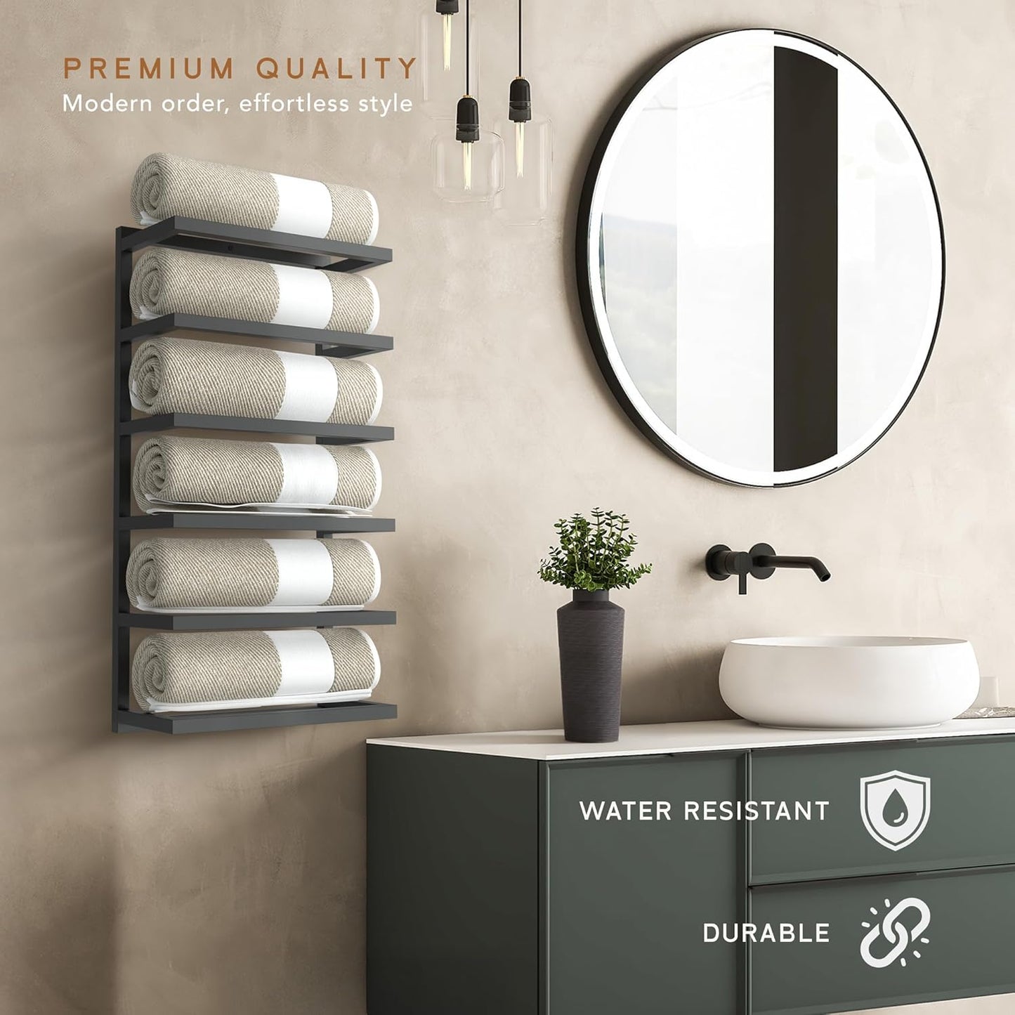 Modern 5-Tier/6-Tier Towel Rack - Wall-Mounted Black Metal Towel Shelf for Bathroom, Space-Saving Storage for Towels, Organizers, and Home Decor (6-Tier)