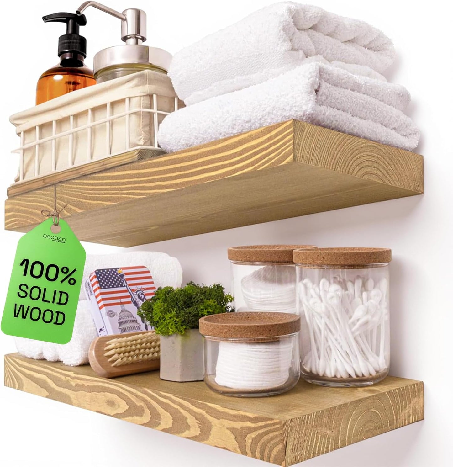 BAOBAB WORKSHOP Wood Floating Shelves Set of 2 - Rustic Shelf 24 inch - Floating Shelf for Wall Mounted - Wide Wooden Wall Shelves for Living Room Bedroom Kitchen Bathroom - Dark Walnut - 24W x 6.7D