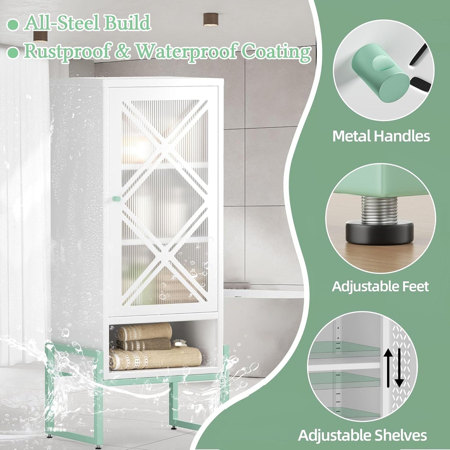 Small Bathroom Storage Cabinet with Doors and Adjustable Shelves, 42.51" H Metal Floor Cabinet for Bathroom, Laundry Room, and More - Rustproof & Waterproof