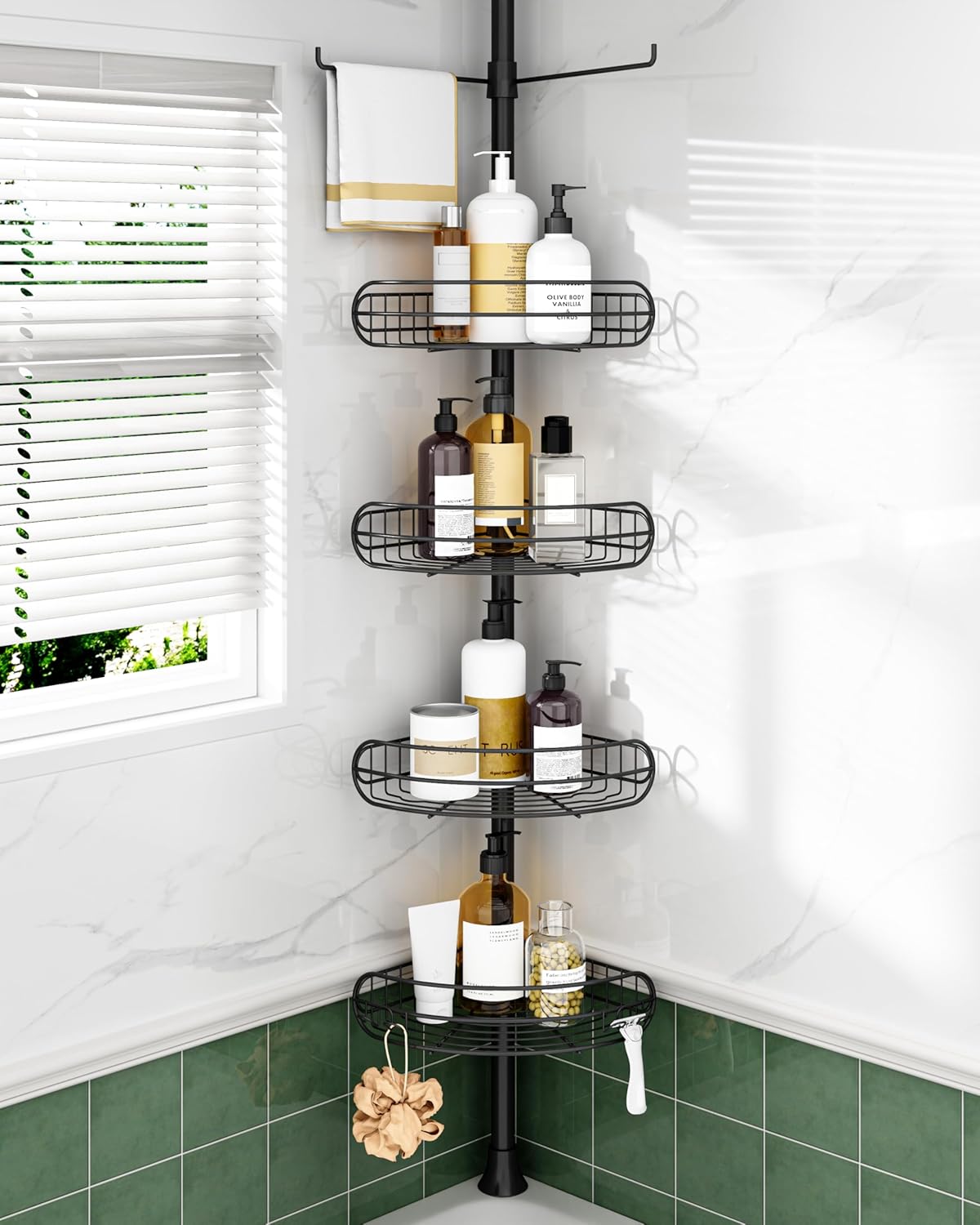 ALLZONE Corner Shower Caddy Tension Pole, Quick to Install, Easy to Adjust, Rust-Free Stainless Steel Shower Organizer Corner and Storage Shelves, Drill Free, Extends from 34 up to 116 Inch Tall