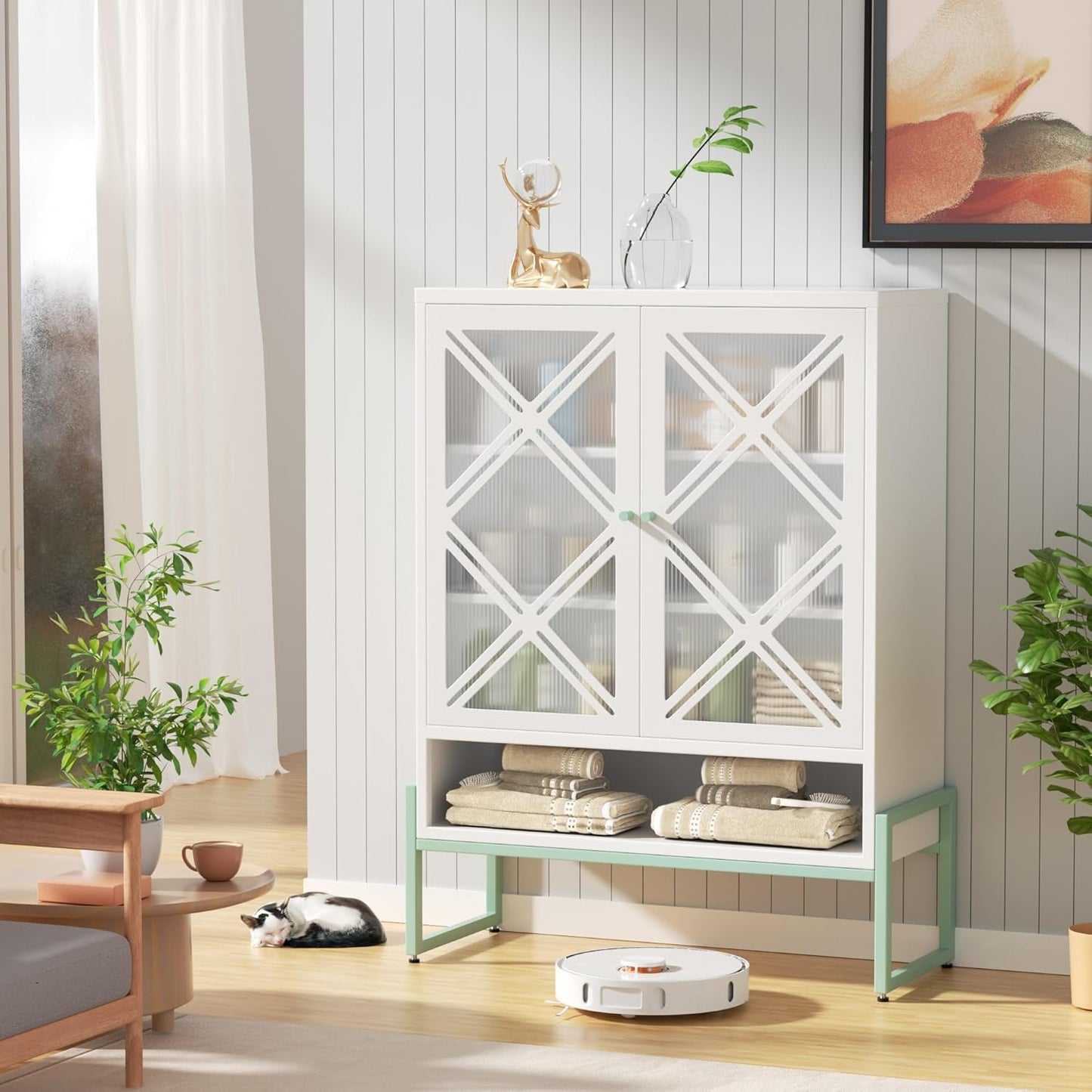 Small Bathroom Storage Cabinet with Doors and Adjustable Shelves, 42.51" H Metal Floor Cabinet for Bathroom, Laundry Room, and More - Rustproof & Waterproof