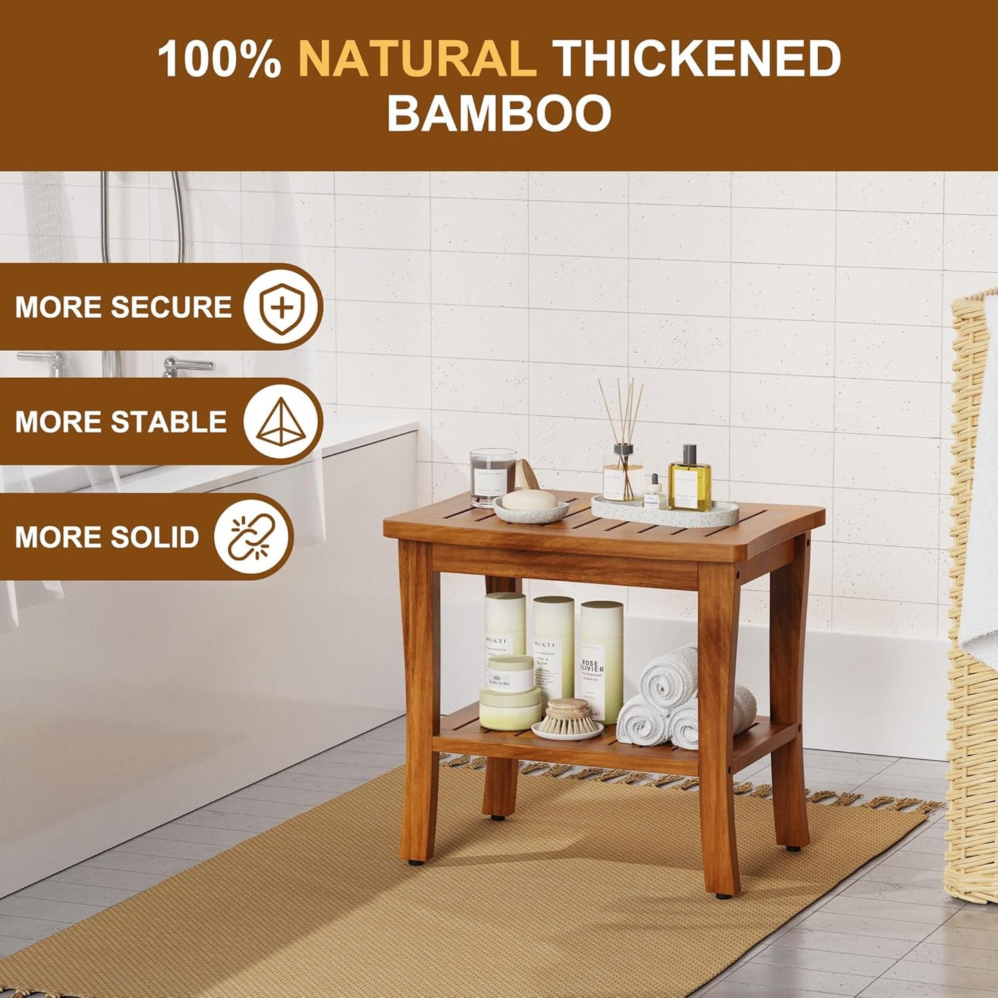 Teak Wood Shower Bench Stool with Storage Shelf, Wooden Waterproof Bathroom Spa Bathing Teak Shower Stool with Non-Slip Feet Gadget 2024 for Indoor or Outdoor Shower Chair Seat Organizer