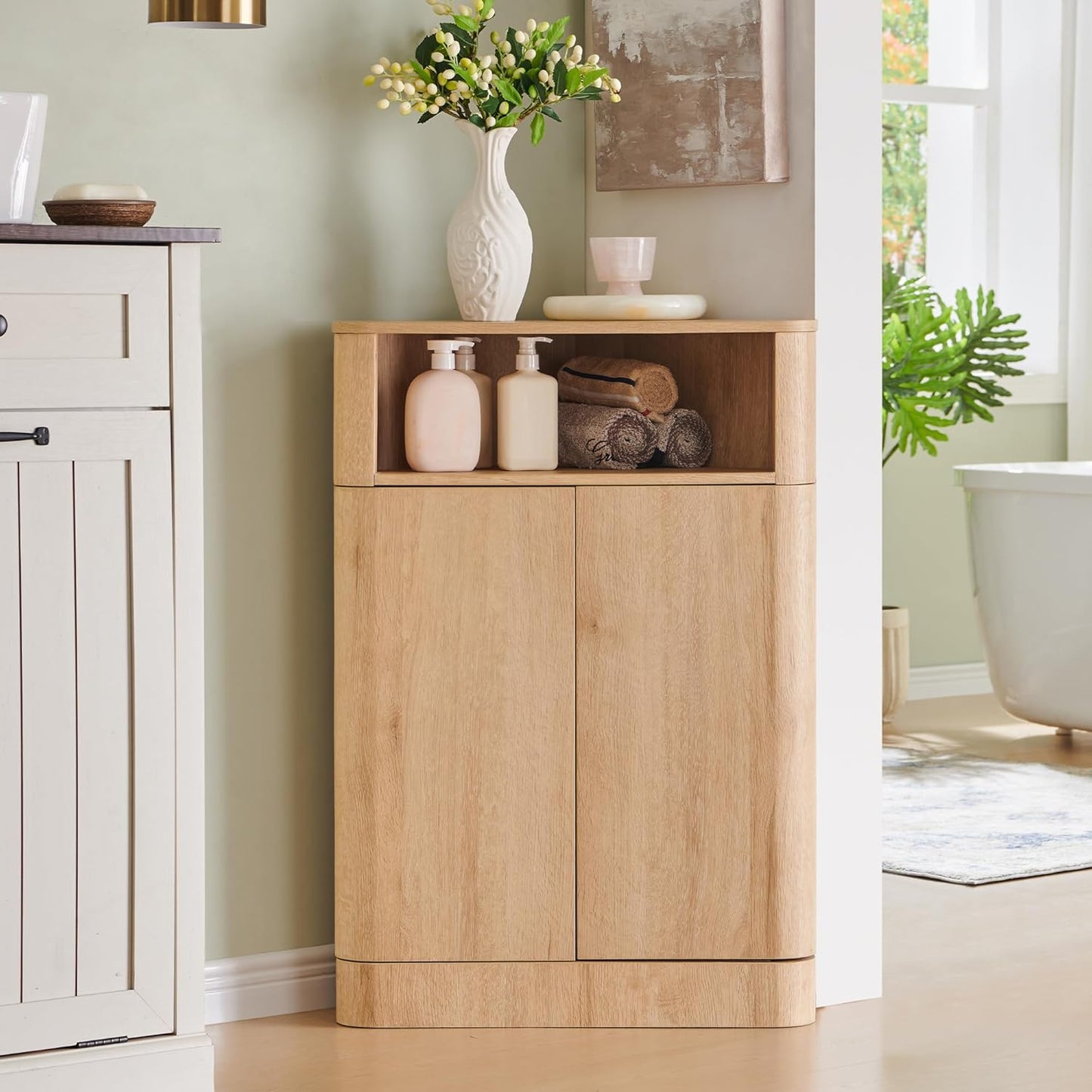 ACCOHOHO Modern Over The Toilet Storage Cabinet with Adjustable Shelf & Handle-Less Double Doors, 67 Inch Tall Wooden Bathroom Cabinet, Natural Oak