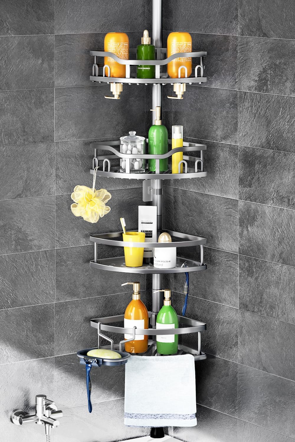 HAMITOR Corner Shower Caddy Tension Pole: Rustproof 4-Tier Bathroom Organizer Shelves for Bathtub Shampoo Storage - 47-121 Inch Quick Install Adjustable Rod Standing Rack with Soap Rack - Silver Gray