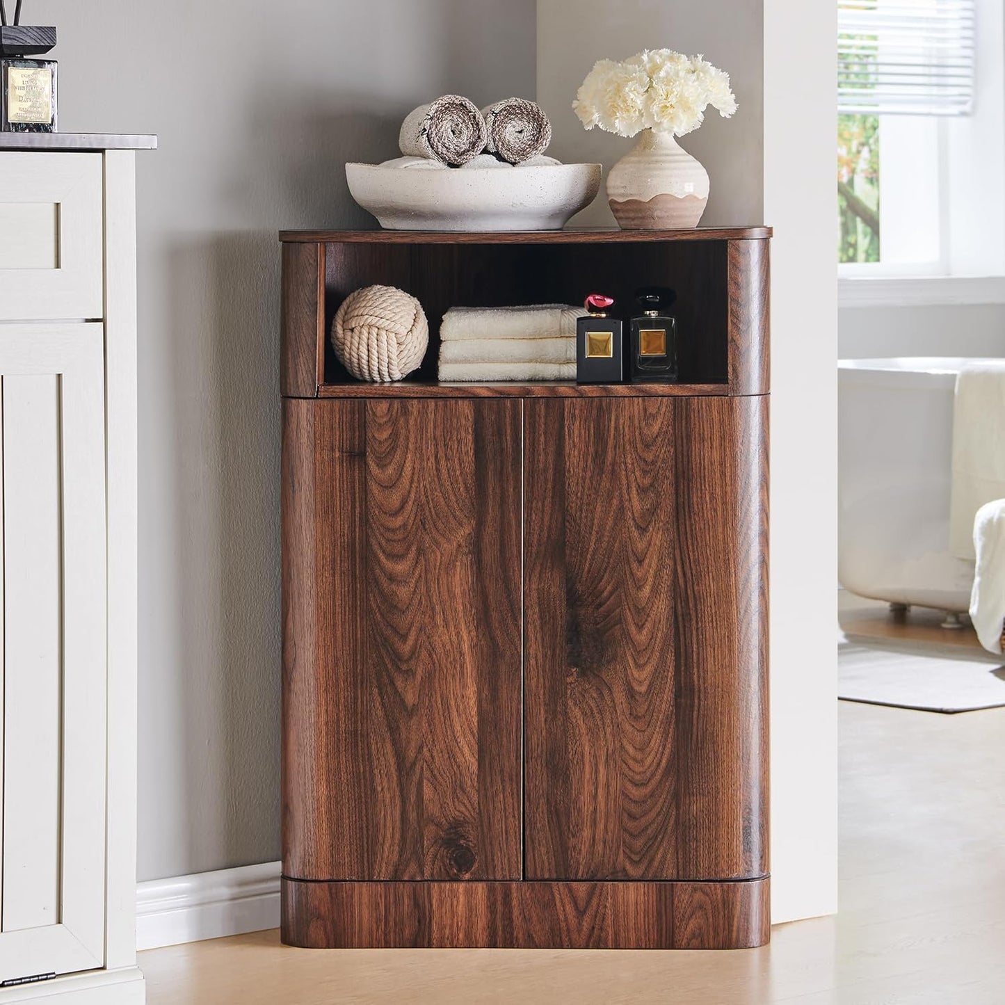 ACCOHOHO Modern Over The Toilet Storage Cabinet with Adjustable Shelf & Handle-Less Double Doors, 67 Inch Tall Wooden Bathroom Cabinet, Natural Oak
