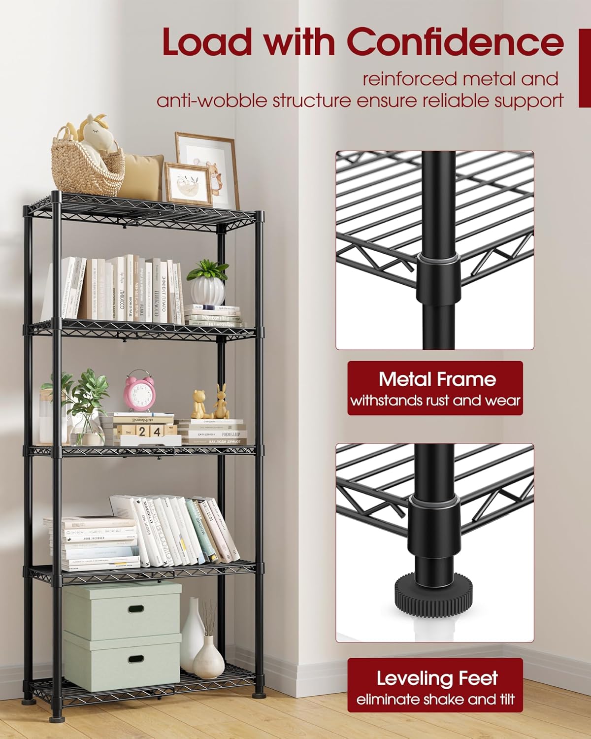 Storage Shelves - 5-Tier Width Expandable Shelf Organizer with Leveling Feet, Rust-Proof & Waterproof Wire Shelving Unit for Bedroom, Bathroom, Garage, 16.4"-27"×11.8"×60", Black