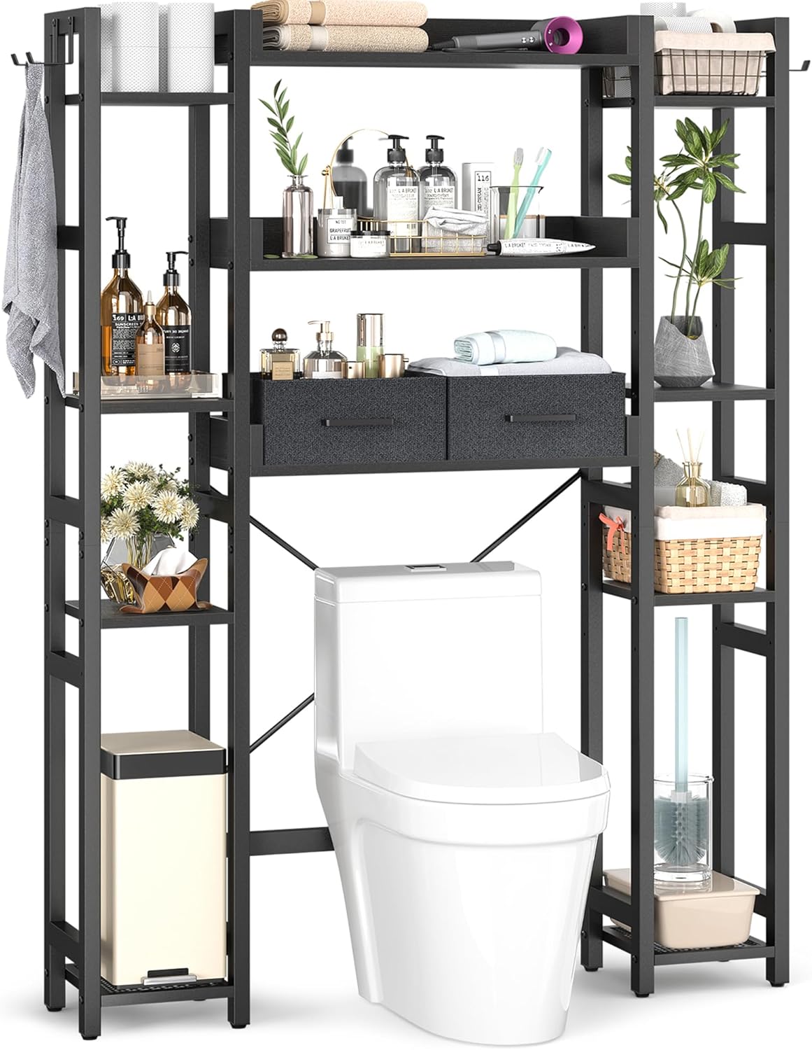 Over The Toilet Storage with 2 Drawers - 7 Tier Bathroom Organizer with Adjustable Shelf, Freestanding Space Saver Storage Rack Above Toilet Stand with 4 Hooks for Restroom, Laundry, Rustic Brown