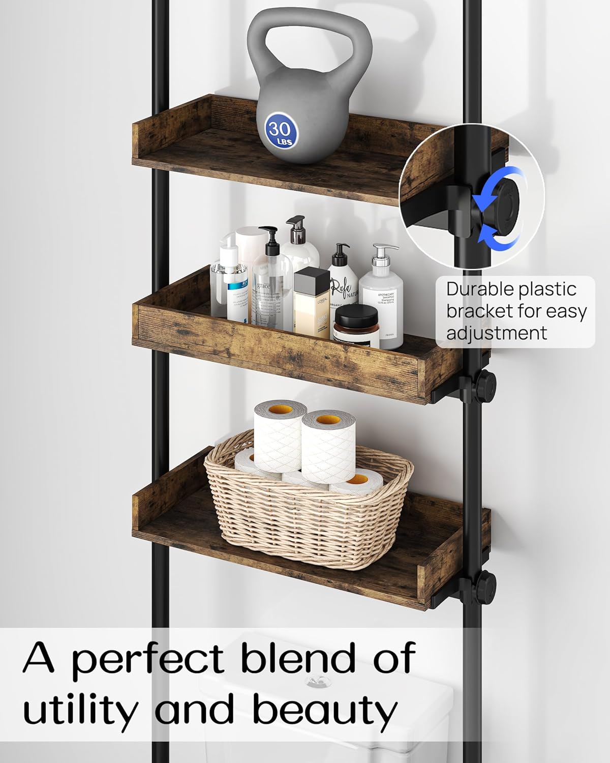 ALLZONE Bathroom Organizer, Over The Toilet Storage, 4-Tier Adjustable Wood Shelves for Small Rooms, Saver Space Rack, 92 to 116 Inch Tall, Narrow Cabinet, Rustic Brown