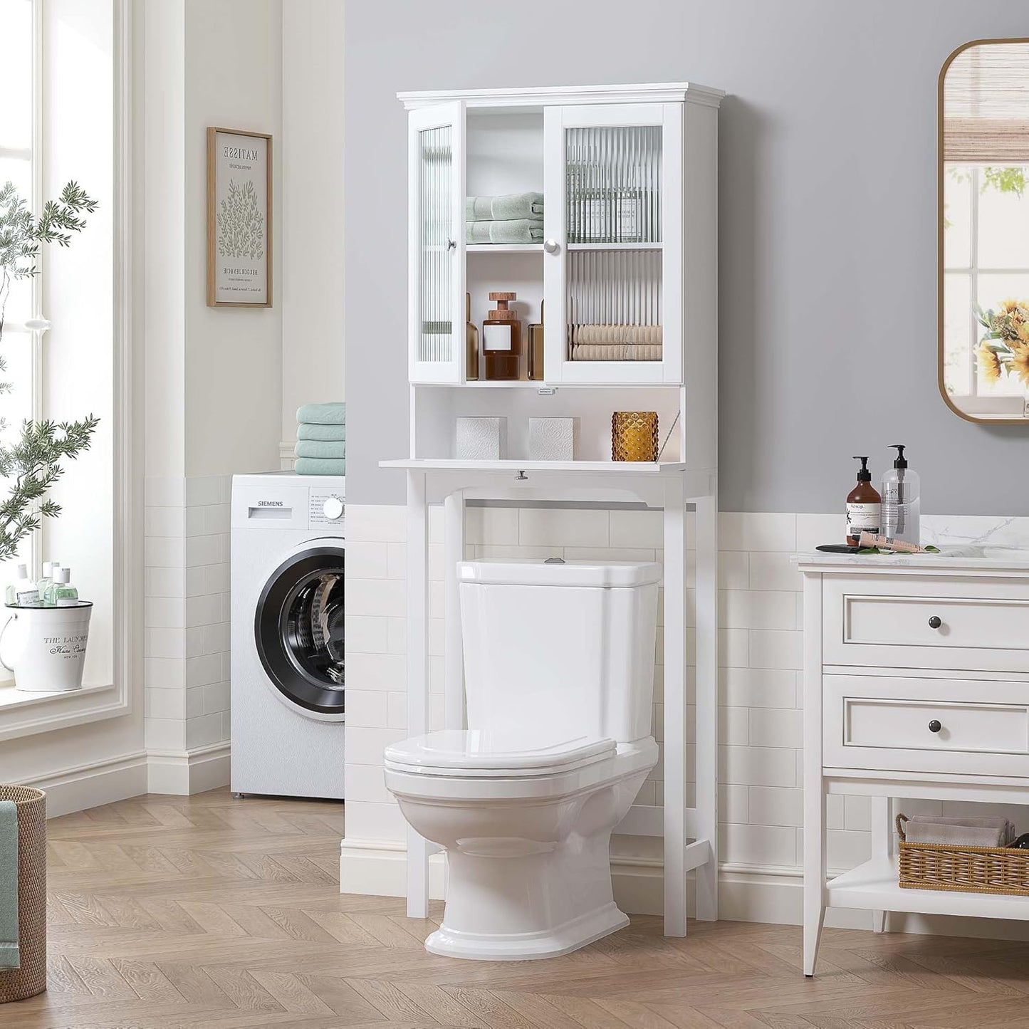 Spirich Over The Toilet Storage Cabinet with Muro Glass Doors, Over Toilet Bathroom Organizer with Tilt-Out Cube and Adjustable Shelf, White