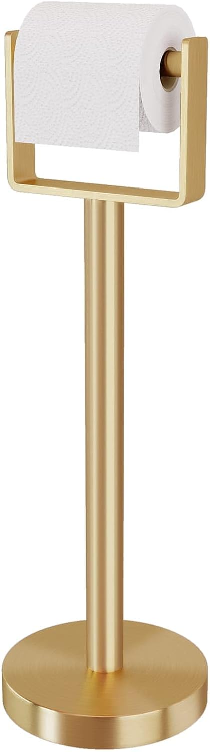 YUMORE Toilet Paper Holder Free Standing, Stainless Steel Toilet Paper Stand, Weighted Base Floor Tissue Roll Holder for Bathroom, Brushed Nickel 200UP