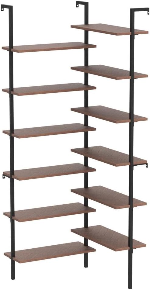 HOMISSUE Corner Bookshelf,12-Tier L Shaped Bookshelf, Double Wide Corner Wall Mount Bookcase with Metal Frame and Wood, Modern Industrial Corner Shelf for Living Room, Kitchen, Home Office Brown