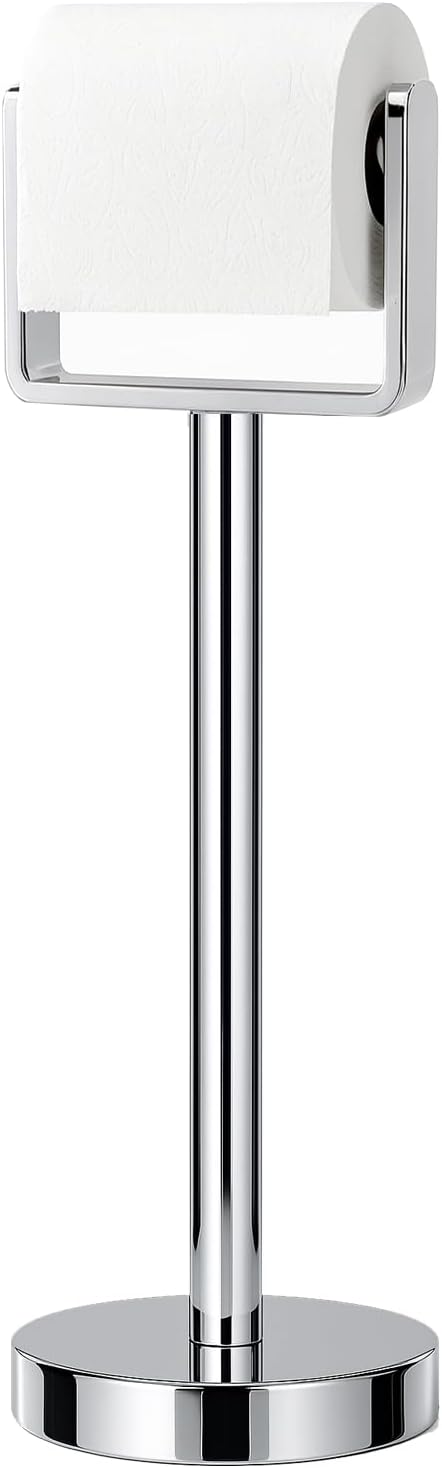 YUMORE Toilet Paper Holder Free Standing, Stainless Steel Toilet Paper Stand, Weighted Base Floor Tissue Roll Holder for Bathroom, Brushed Nickel 200UP