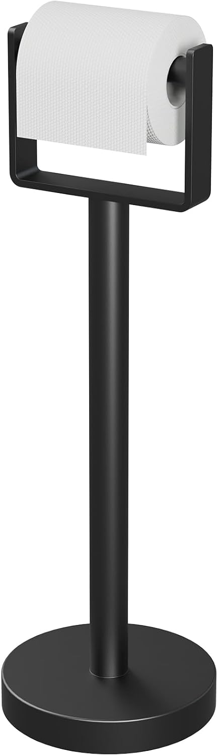 YUMORE Toilet Paper Holder Free Standing, Stainless Steel Toilet Paper Stand, Weighted Base Floor Tissue Roll Holder for Bathroom, Brushed Nickel 200UP