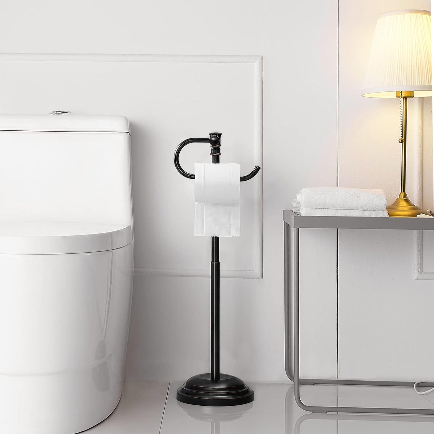 RUMOSE Toilet Paper Holder Stand for Floor, Oil Rubbed Bronze Adjustable (12.4" to 22.8") Bathroom Toilet Tissue Holder, Free Standing Toilet Paper Roll Holder with Storage, Stainless Steel