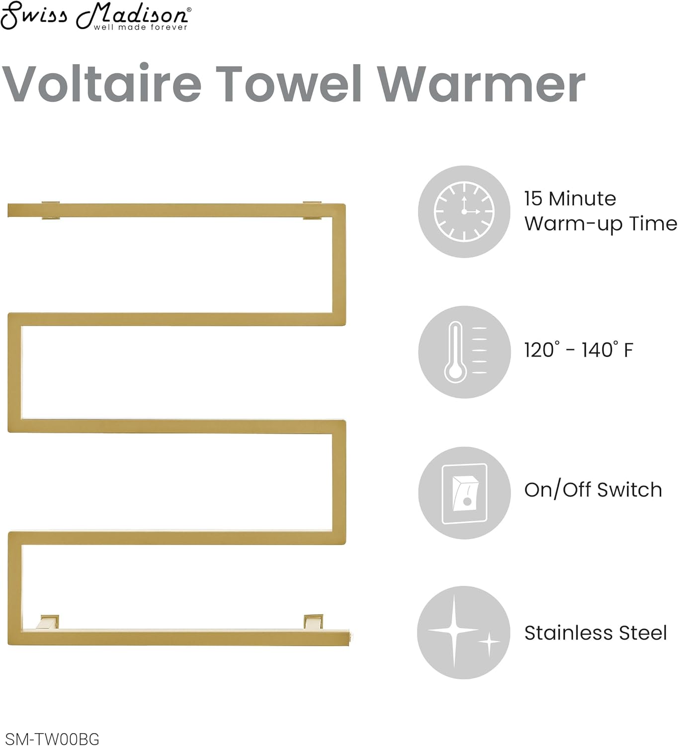 Swiss Madison Voltaire 5-Bar Electric Towel Warmer Heated Towel Racks for Bathroom in Brushed Gold
