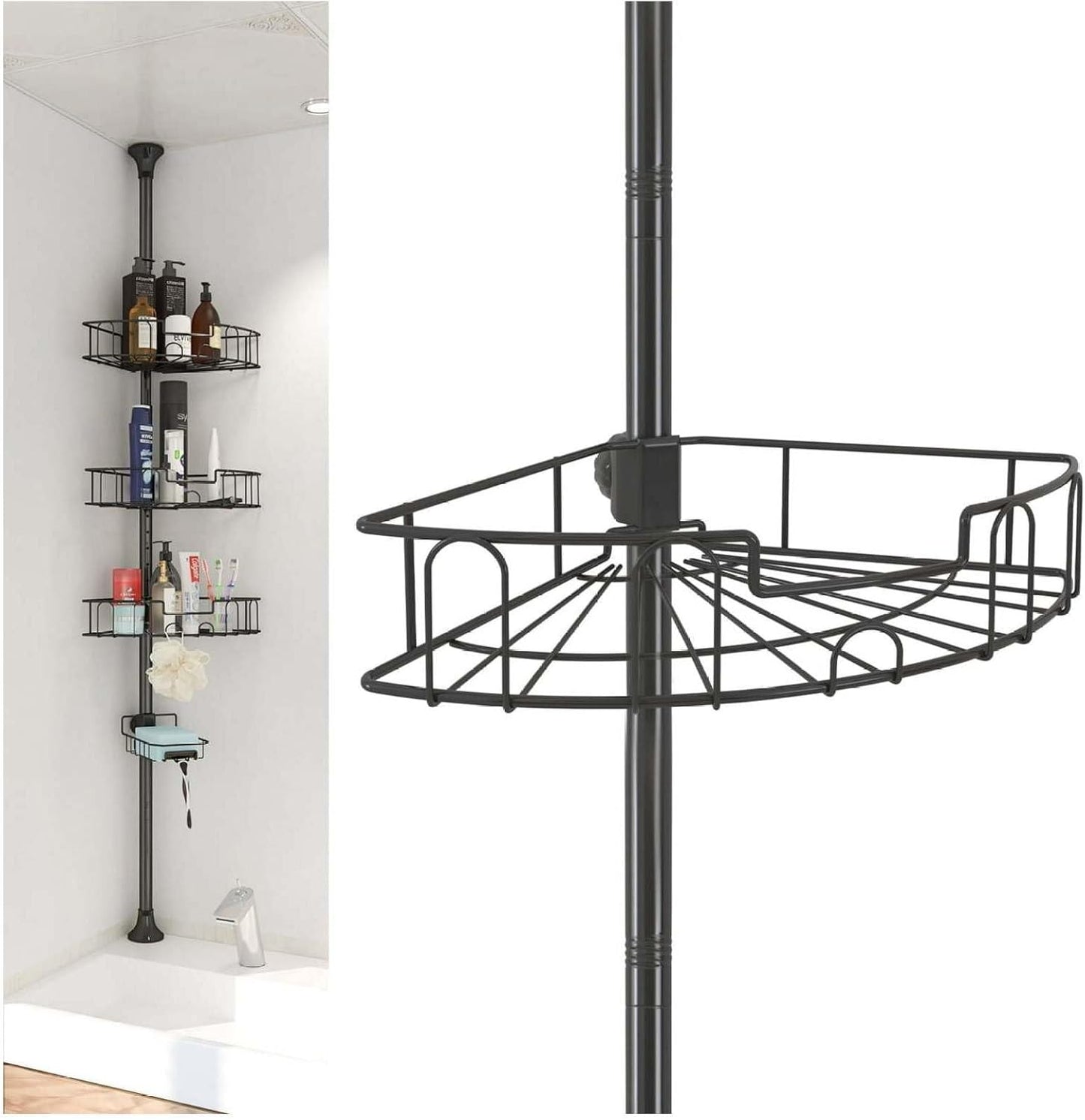 Rustproof Shower Caddy - 39-125 Inch Tension Pole Organizer with 4 Adjustable Baskets, Black Bathroom Corner Shelf for Shampoo, Conditioner & Bath Accessories