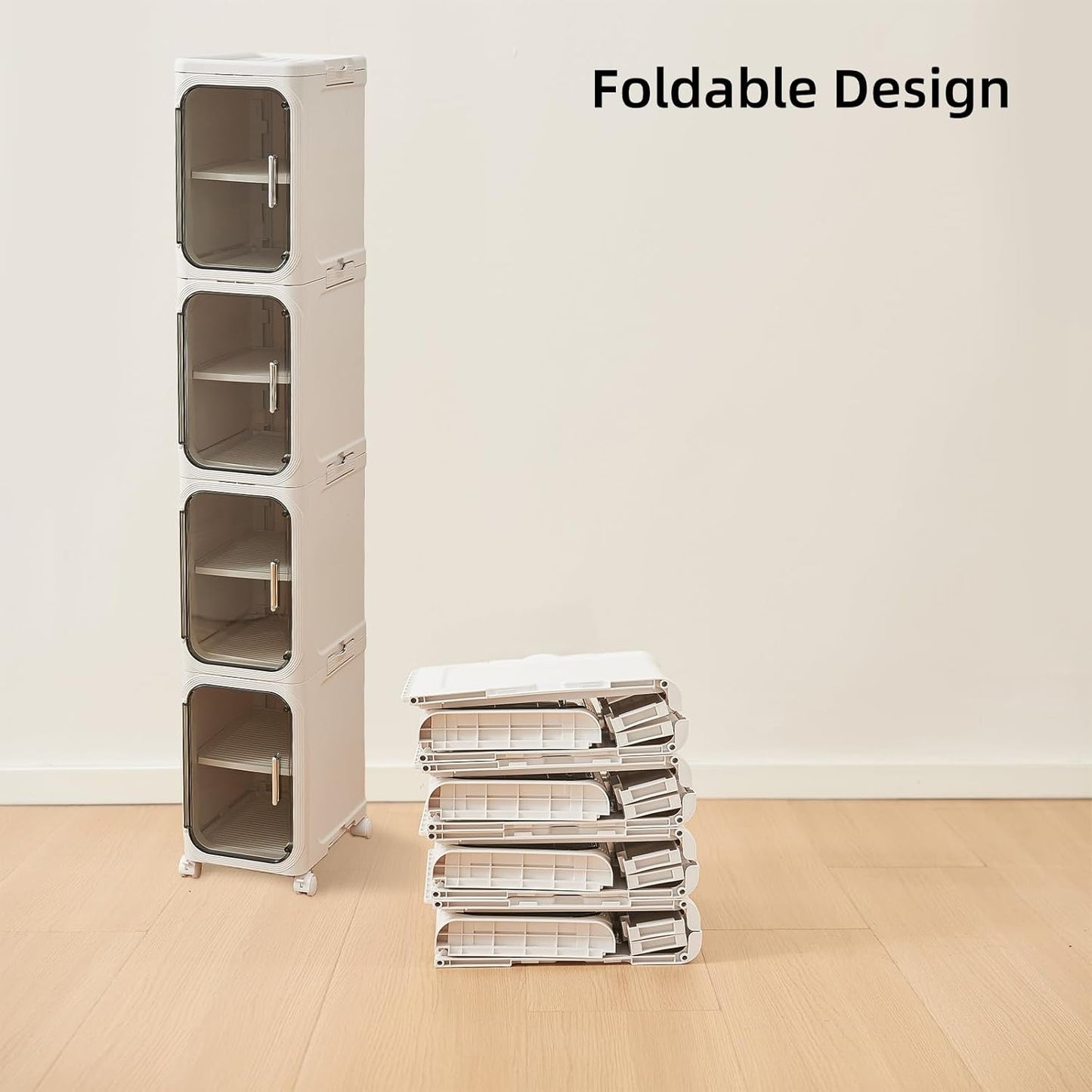 4-Tier Narrow Storage Cabinet with Magnetic Doors and Shelves, Plastic Slim Bathroom Organizers and Storage with Wheels for Small Spaces Bathroom, Kitchen, Laundry Room, White