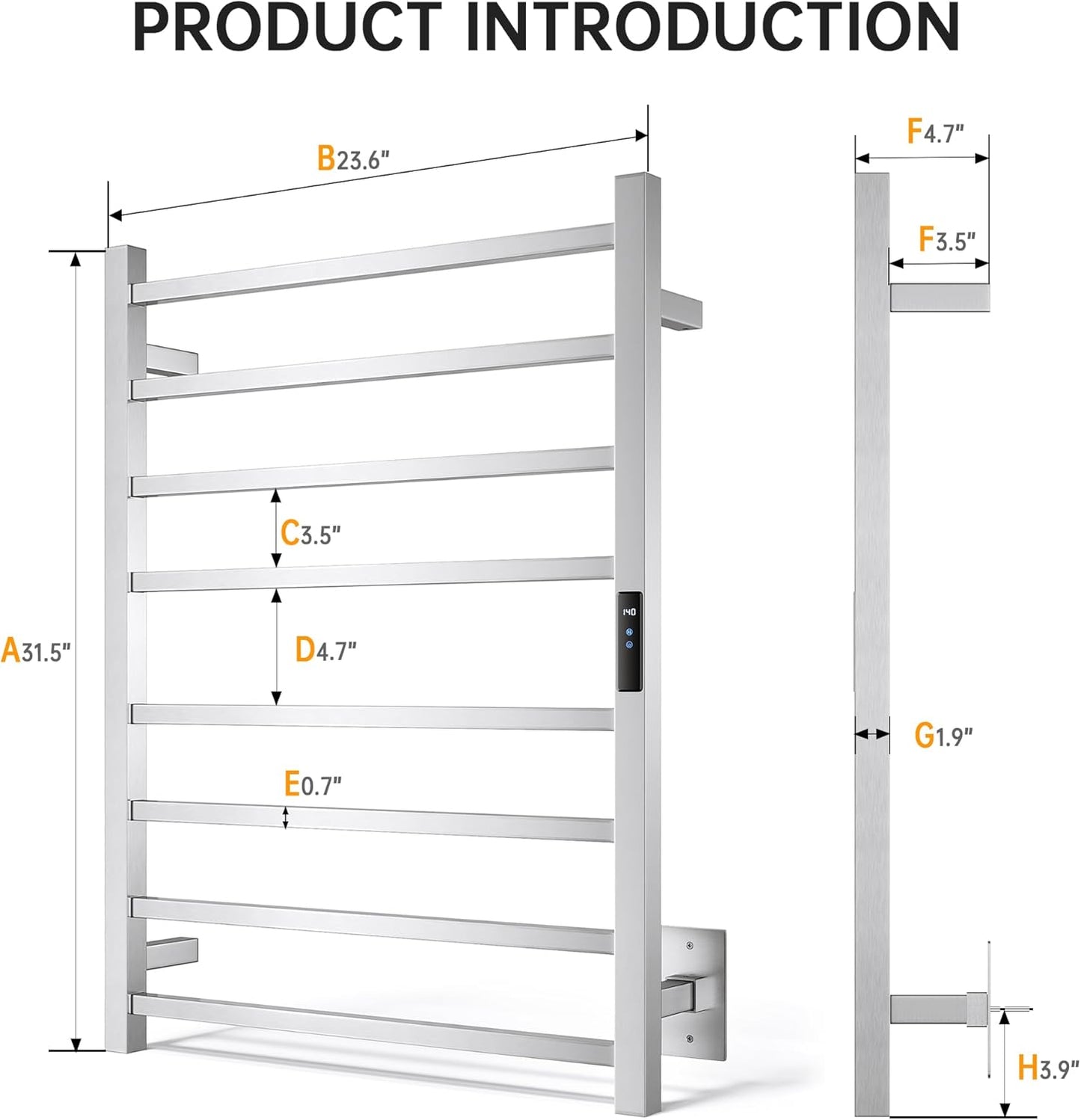 Towel Warmer Rack, Heated Towel Racks for Bathroom, Wall Mounted Towel Warmer, Stainless Steel 8-Bars Drying Rack with Intelligent Touch Screen Timer, Brushed Nickel