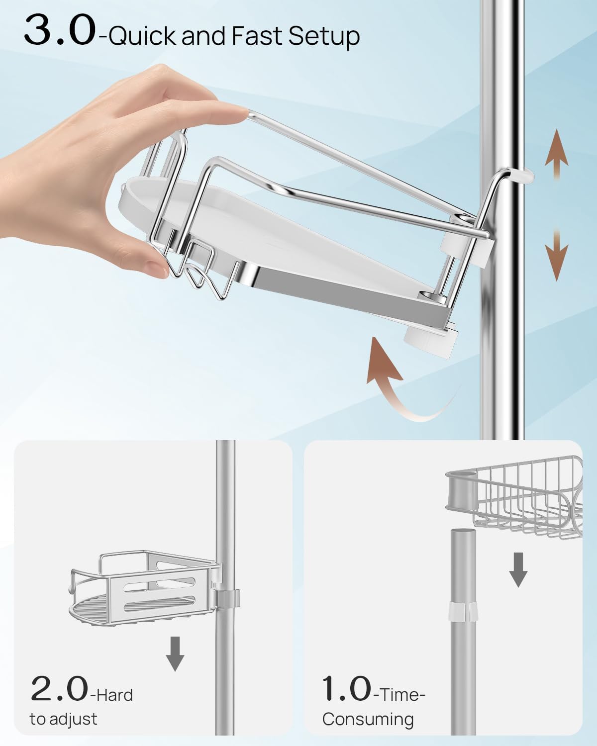 ALLZONE Corner Shower Caddy Tension Pole – Upgraded Rust-Free Stainless Steel Shower Organizer with Adjustable Storage Shelves, Drill-Free Installation, Quick Setup, Extends from 34 to 116 Inches
