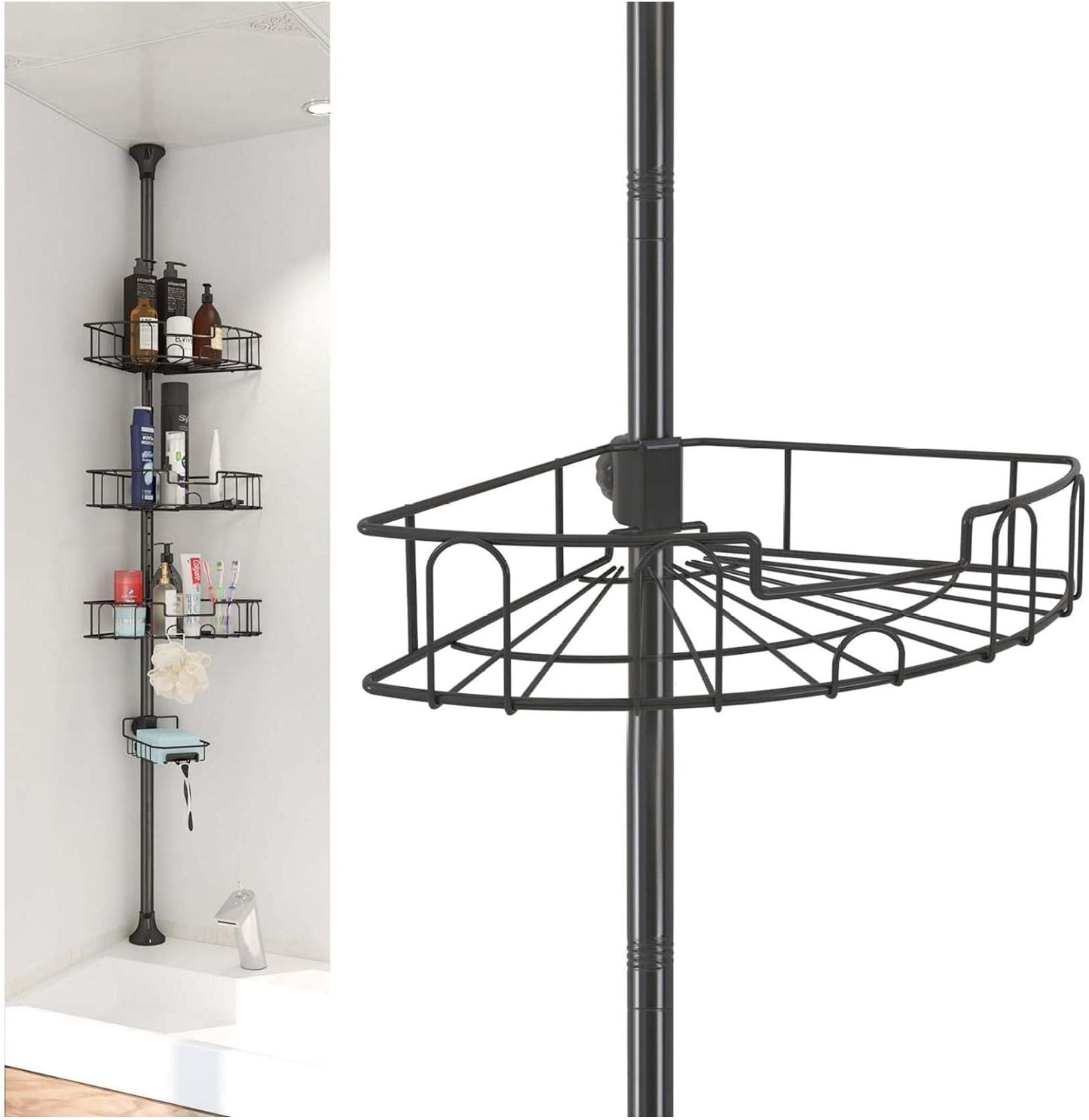 Rustproof Shower Caddy - 39-125 Inch Tension Pole Organizer with 4 Adjustable Baskets, Black Bathroom Corner Shelf for Shampoo, Conditioner & Bath Accessories
