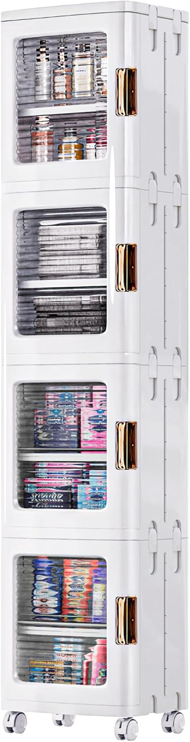 VECELO 4-Tier Tall Narrow Storage Cabinet with Movable Wheels, Adjustable Shelves, Anti-Tip, Slim, for Small Space, Bathroom, Kitchen, Laundry, White