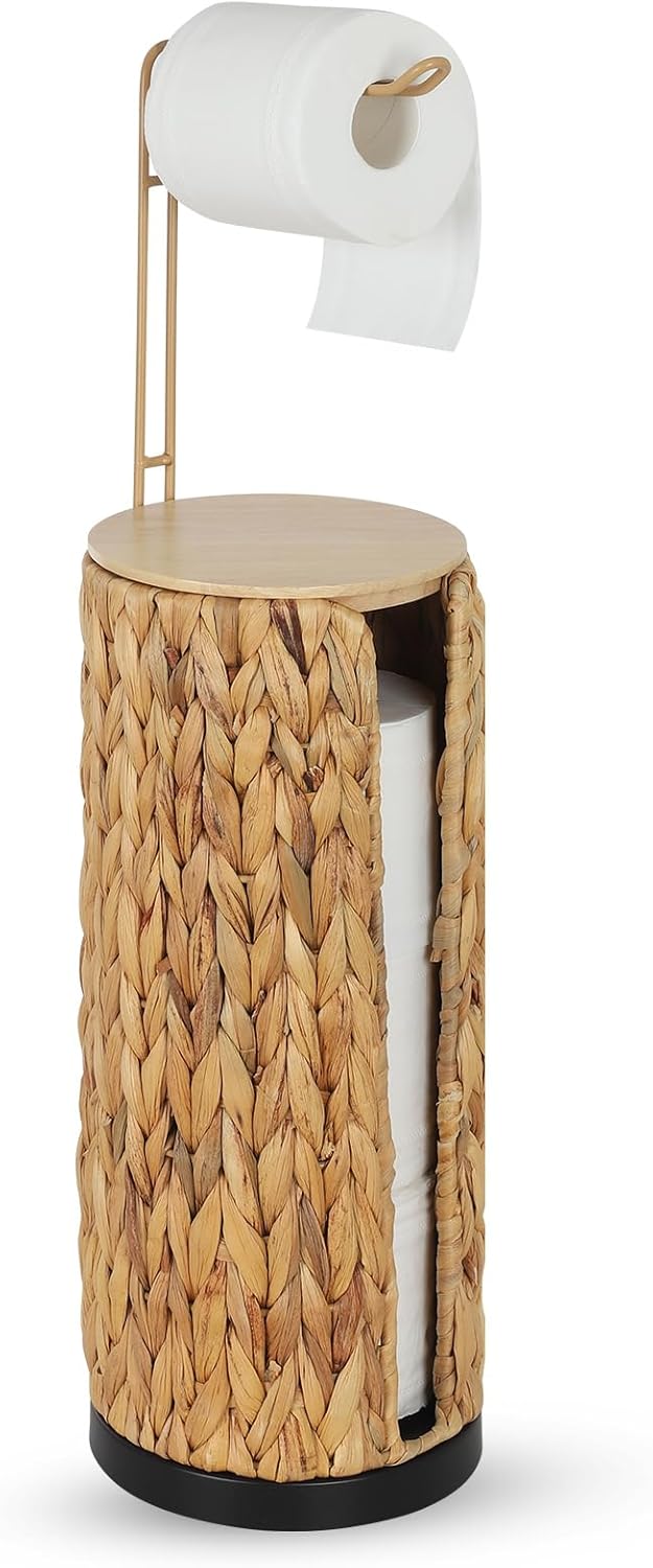 Freestanding Toilet Paper Holder with Storage,3 Rolls of Tissue Holder for Bathroom,Handmade Woven Toilet Paper Roll Holder Stand,Rattan Sturdy Boho Bathroom Decor Farmhouse Toilet Paper Storage