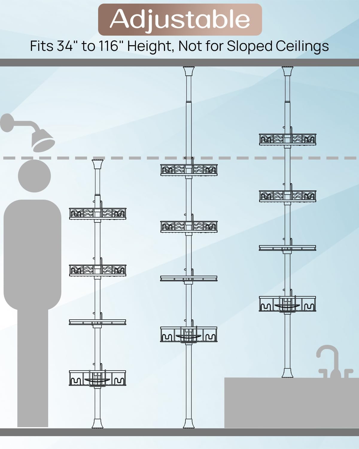 ALLZONE Corner Shower Caddy Tension Pole, Quick to Install, Easy to Adjust, Rust-Free Stainless Steel Shower Organizer Corner and Storage Shelves, Drill Free, Extends from 34 up to 116 Inch Tall