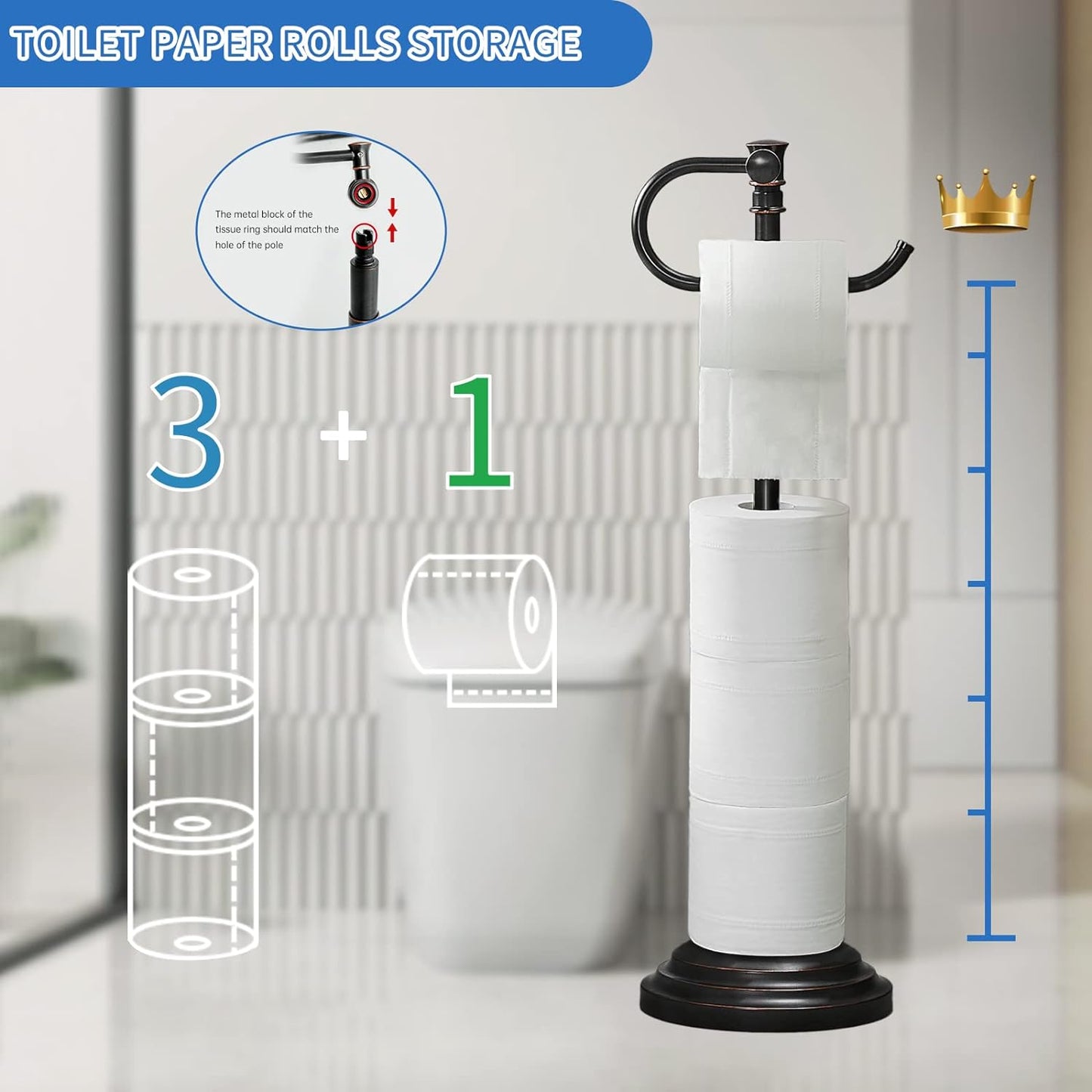 RUMOSE Toilet Paper Holder Stand for Floor, Oil Rubbed Bronze Adjustable (12.4" to 22.8") Bathroom Toilet Tissue Holder, Free Standing Toilet Paper Roll Holder with Storage, Stainless Steel