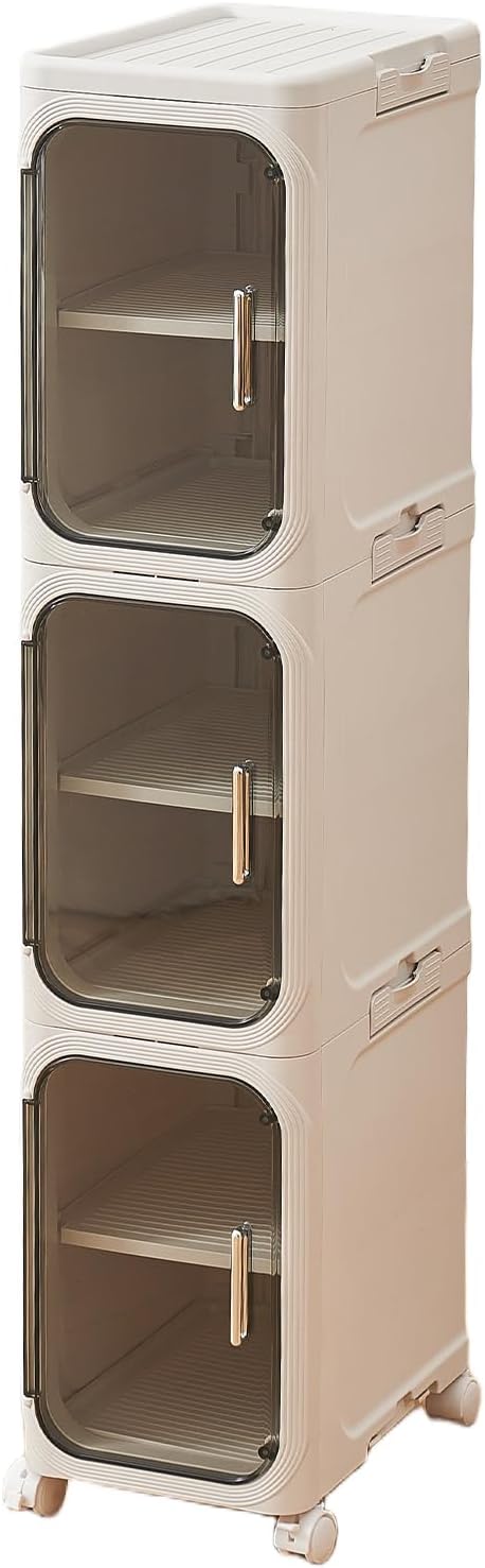 4-Tier Narrow Storage Cabinet with Magnetic Doors and Shelves, Plastic Slim Bathroom Organizers and Storage with Wheels for Small Spaces Bathroom, Kitchen, Laundry Room, White