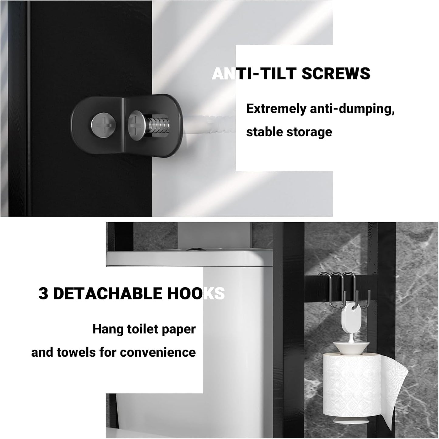 Homykic Bamboo Over The Toilet Storage Shelf, 3-Tier Above Toilet Storage Organizer Rack with 3 Hooks, Freestanding Bathroom Tower Shelf Unit for Small Space, No Rust, Easy to Assemble, Black