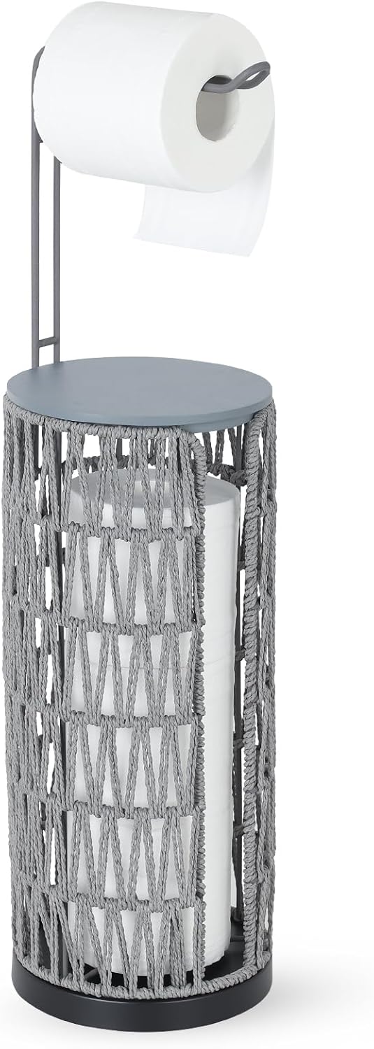Freestanding Toilet Paper Holder with Storage,3 Rolls of Tissue Holder for Bathroom,Handmade Woven Toilet Paper Roll Holder Stand,Rattan Sturdy Boho Bathroom Decor Farmhouse Toilet Paper Storage