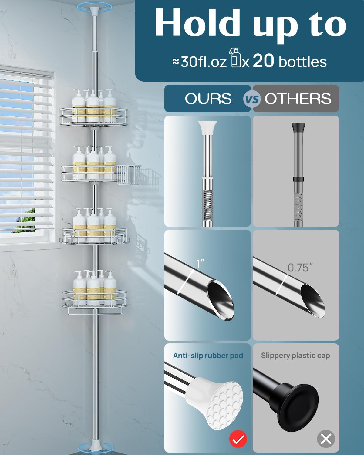 SEIRIONE Corner Shower Caddy Tension Pole, Quick Setup, Rust-Free Bathroom Shower Organizer Corner for Bathtub Shampoo Storage, 4-Tier Adjustable Shelf, Drill Free, Fits 34 to 116 Inch Height, Silver