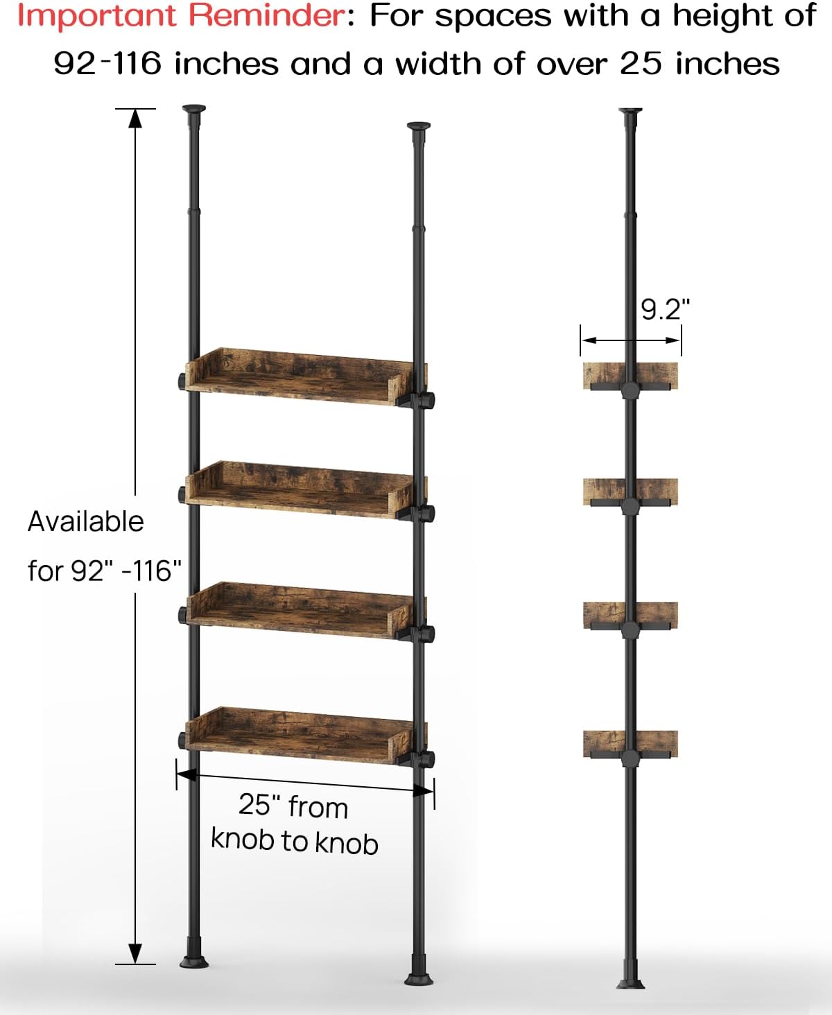 ALLZONE Bathroom Organizer, Over The Toilet Storage, 4-Tier Adjustable Wood Shelves for Small Rooms, Saver Space Rack, 92 to 116 Inch Tall, Narrow Cabinet, Rustic Brown