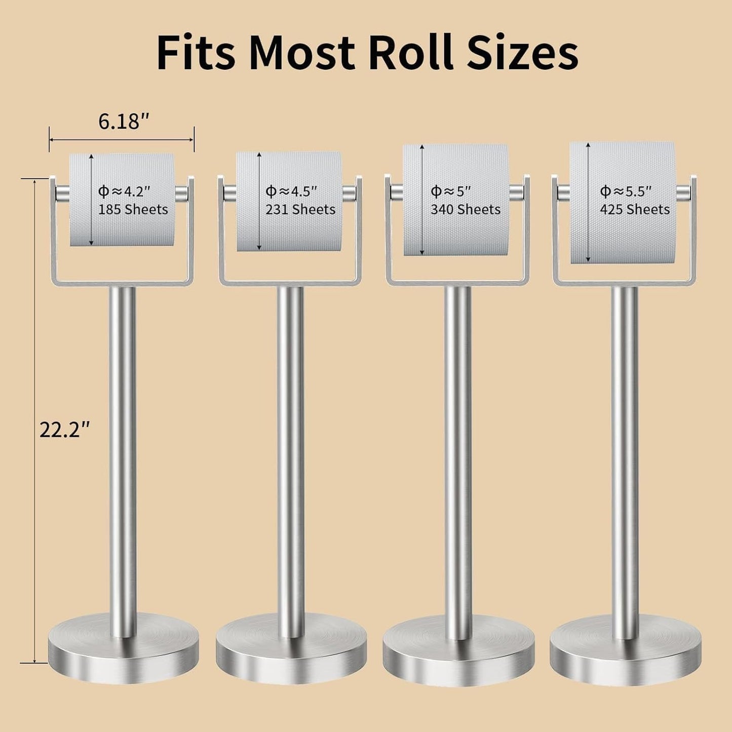 YUMORE Toilet Paper Holder Free Standing, Stainless Steel Toilet Paper Stand, Weighted Base Floor Tissue Roll Holder for Bathroom, Brushed Nickel 200UP