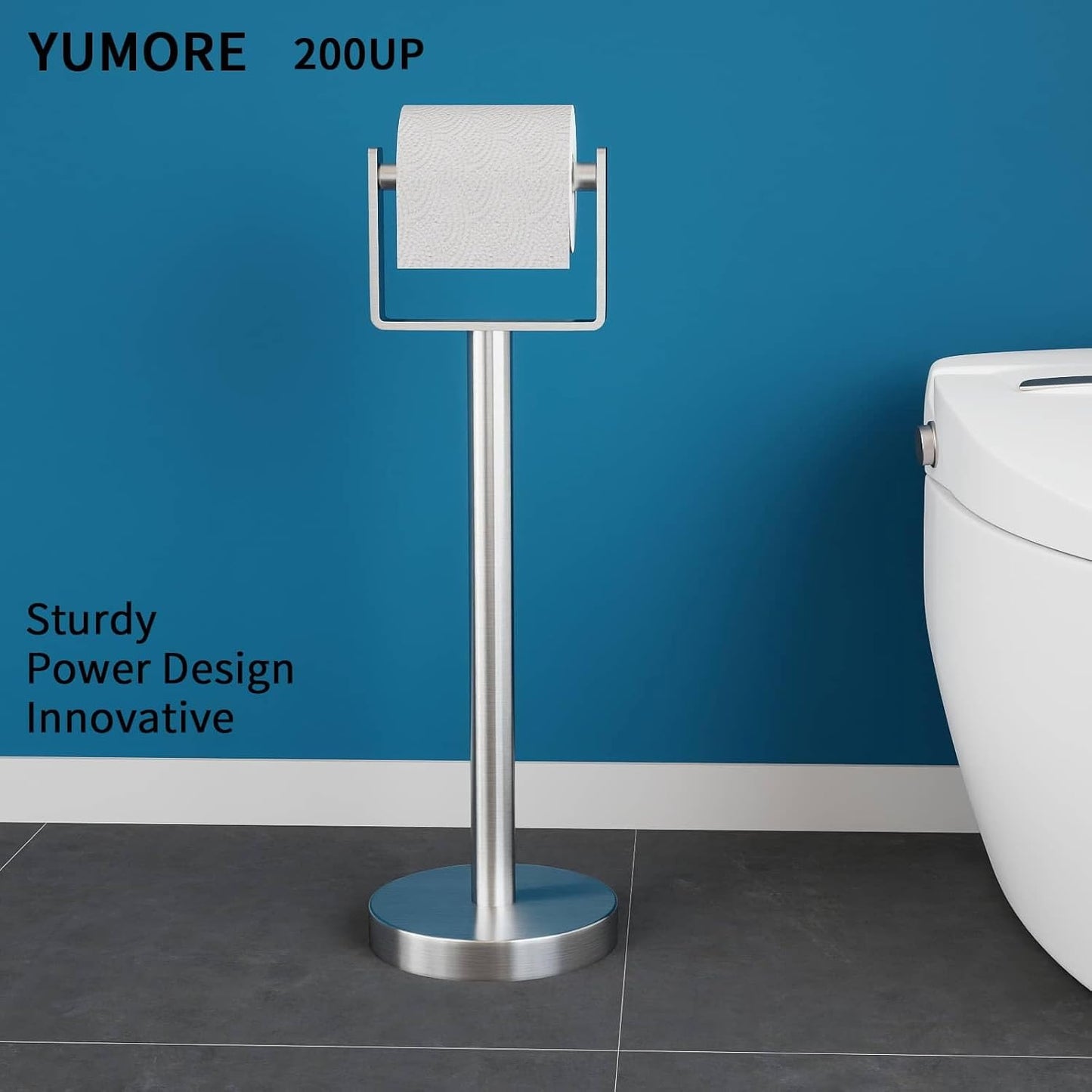 YUMORE Toilet Paper Holder Free Standing, Stainless Steel Toilet Paper Stand, Weighted Base Floor Tissue Roll Holder for Bathroom, Brushed Nickel 200UP